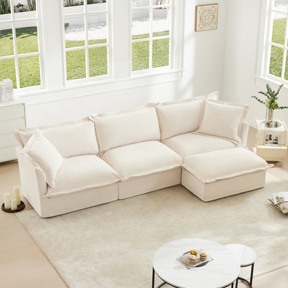 L-Shaped Slipcovered Sectional Sofa Couch, Comfy Chenille Deep Seat Cloud Couch with Convertible Ottoman & 2 Big Pillows, Modern Oversized 3 Seater Slipcovered Sofa Set for Living Room Office, Cream image 2