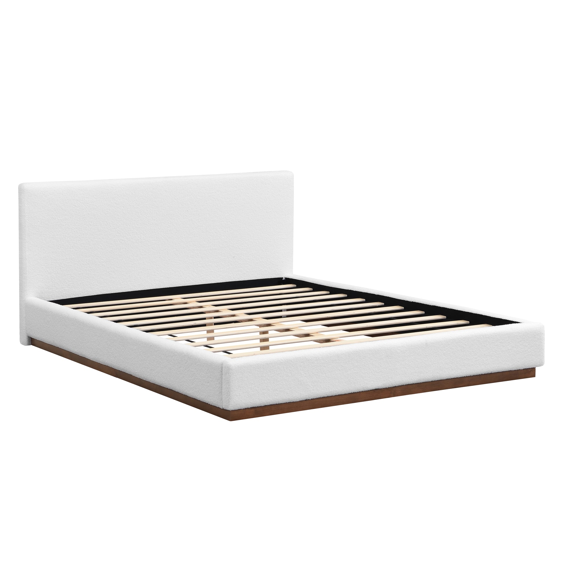 Elegant White Fabric Upholstered Bed With Nice Wood Grain Textured Brown Solid Wood Base Frame,White,Queen image 2