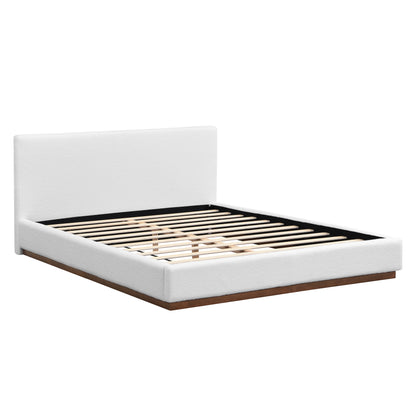 Elegant White Fabric Upholstered Bed With Nice Wood Grain Textured Brown Solid Wood Base Frame,White,Queen image 2