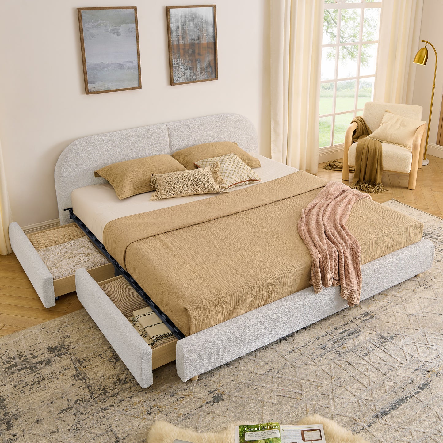 King Size Upholstered Bed Frame Modern Minimalist Style - Circle Yarn Fabric, Tall Curved Headboard, Sturdy Leg Support & Wheeled Drawer Storage, Mattress Not Included -Beige image 3