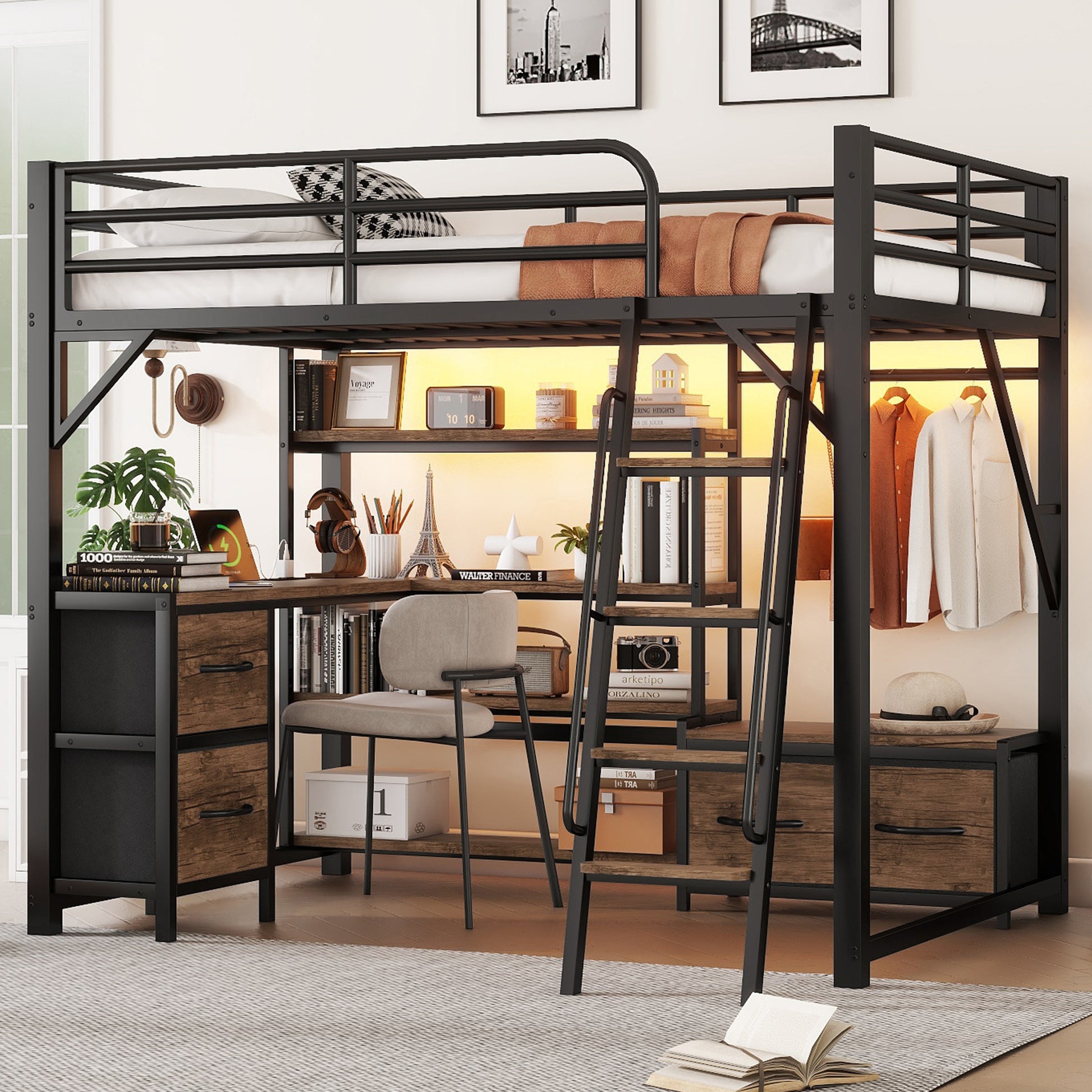 Full Size Loft Bed with Desk and Light, Metal Loft Bed with Storage Shelves, Wardrobe and Drawers for Boys Girls(Old SKU W2593S00040) image 2