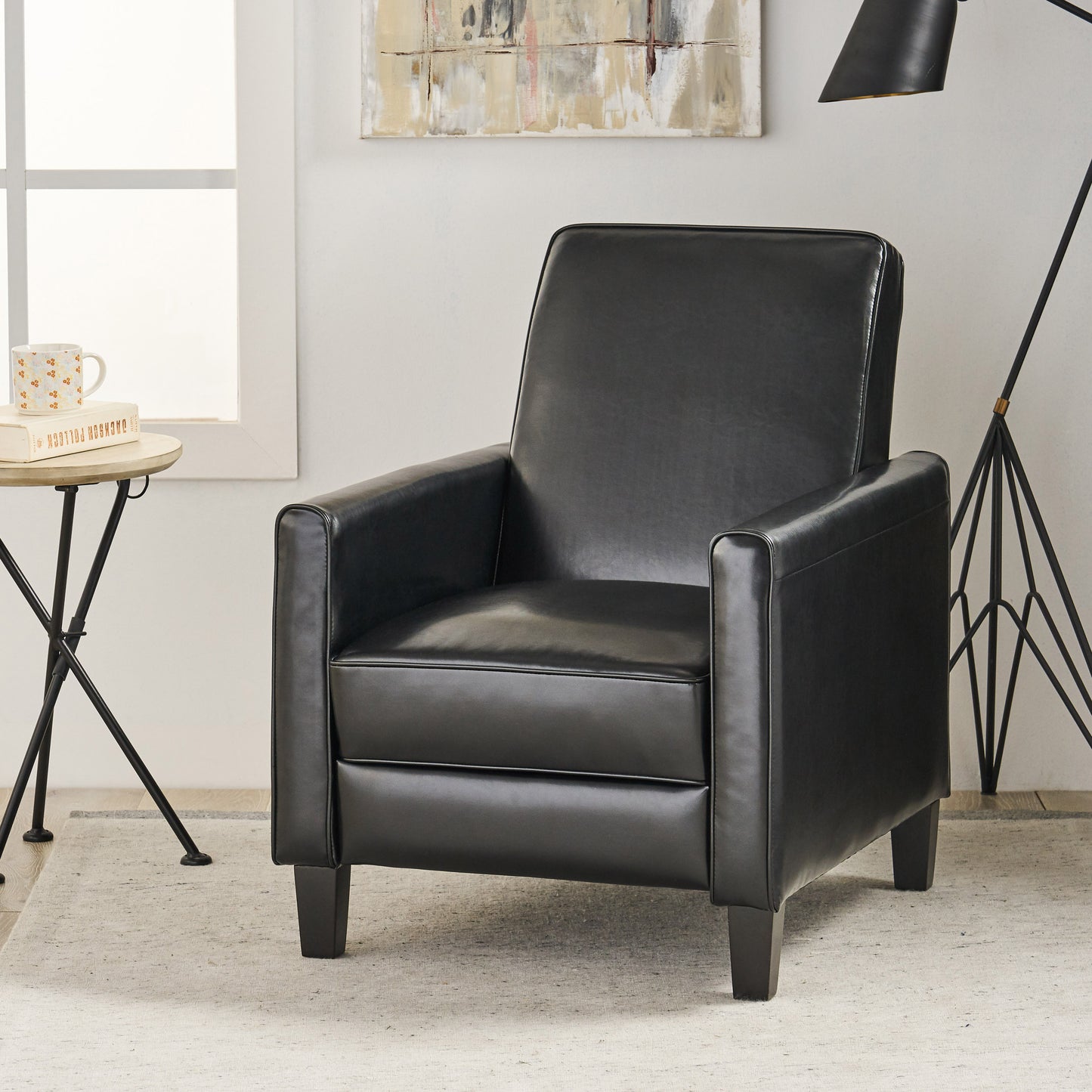 27.5" Push Back Recliner Chair Upholstered Recliner Armchair with Solid Beech Wood Legs for Living Room and Bedroom(Old SKU:52422.00PUBLK), Black image 1