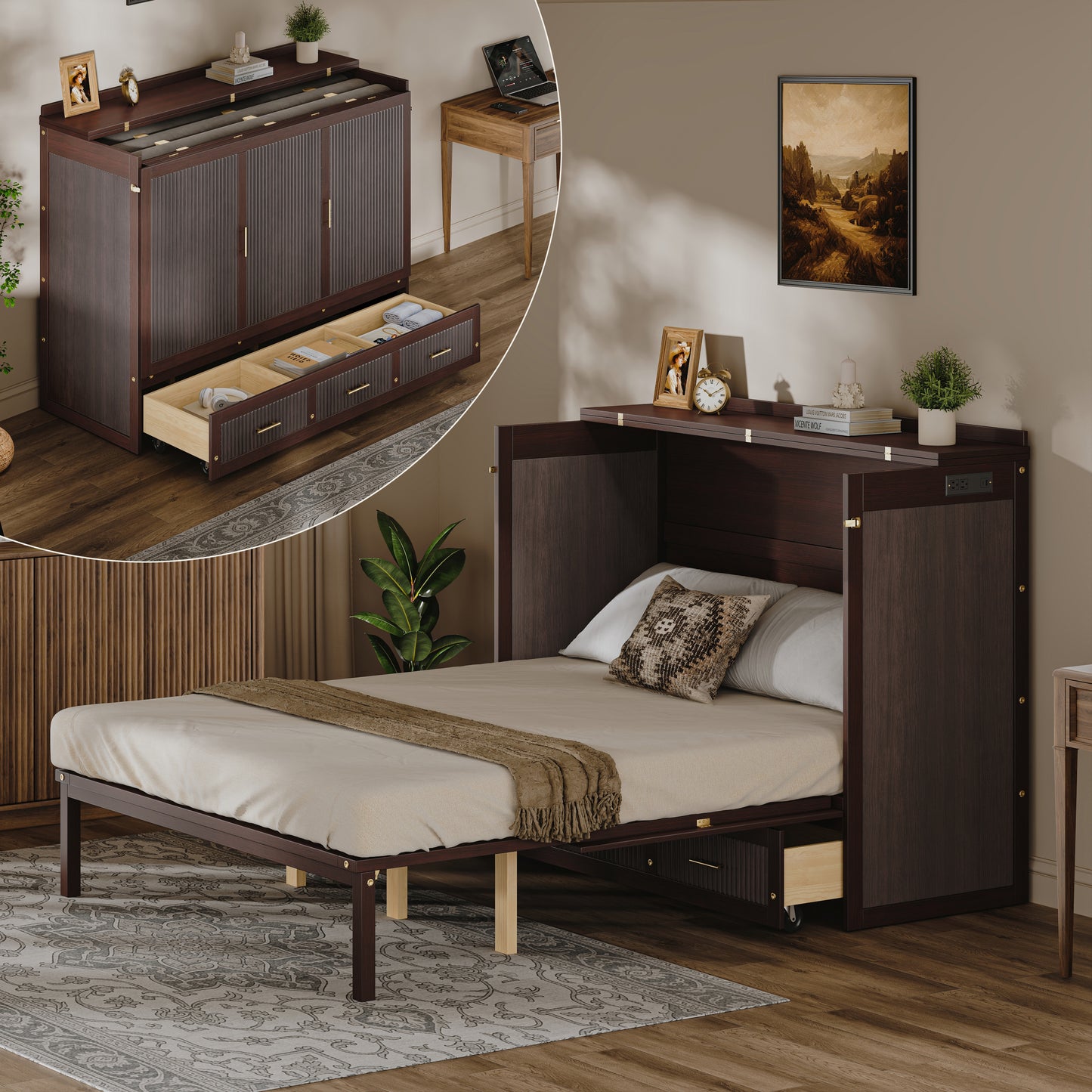 Multifunctional Murphy Bed Cabinet with USB Charging Station, Queen Size Vertical Foldaway Bed with Drawers, Space Saving Hidden Wall Bed with Safety Lock & Anti-Tip Device, Coffee. image 1
