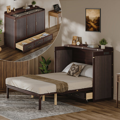 Multifunctional Murphy Bed Cabinet with USB Charging Station, Queen Size Vertical Foldaway Bed with Drawers, Space Saving Hidden Wall Bed with Safety Lock & Anti-Tip Device, Coffee. image 1