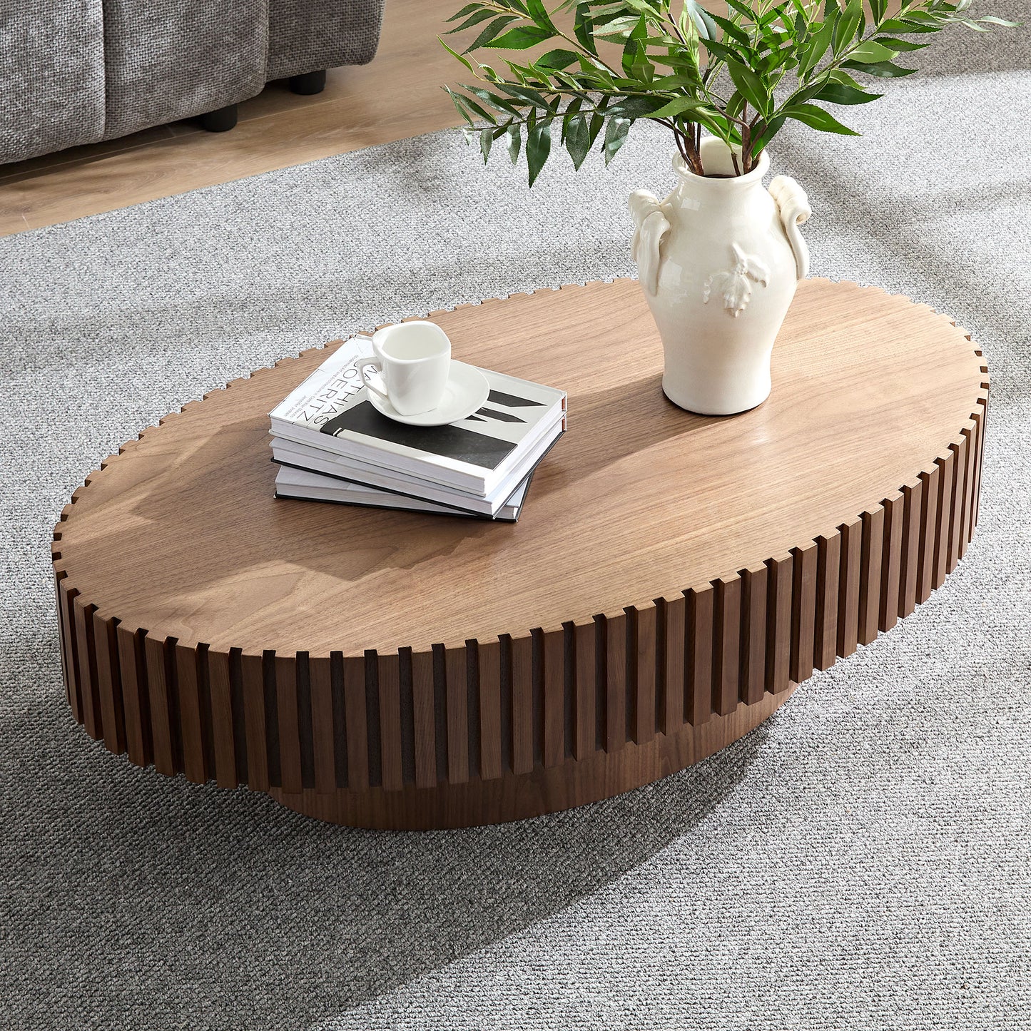 Modern Handcraft Drum Coffee Table Length 43.7 inch Ellipse Coffee Table for Living Room,Oval Small Coffee Table with Sturdy Pedestal,Walnut MDF,W2582P251185 image 6