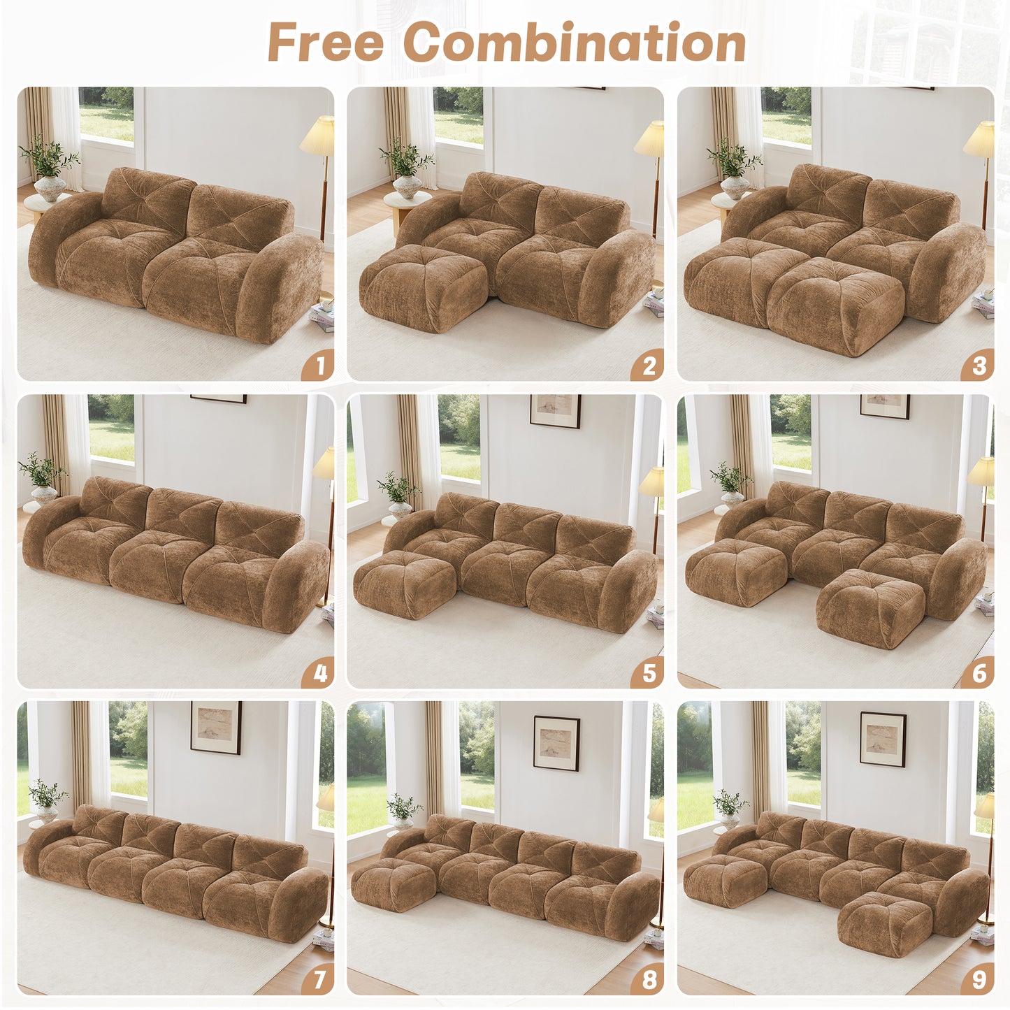 L-Shaped Boneless Sofa,Soft Velvet Fabric,Tufted Design,32D High Density Sponge,No Assembly Required,Ergonomic Design Bottom, Anti-Slip Design,Movable Ottoman for Bedrooms,Camel image 8