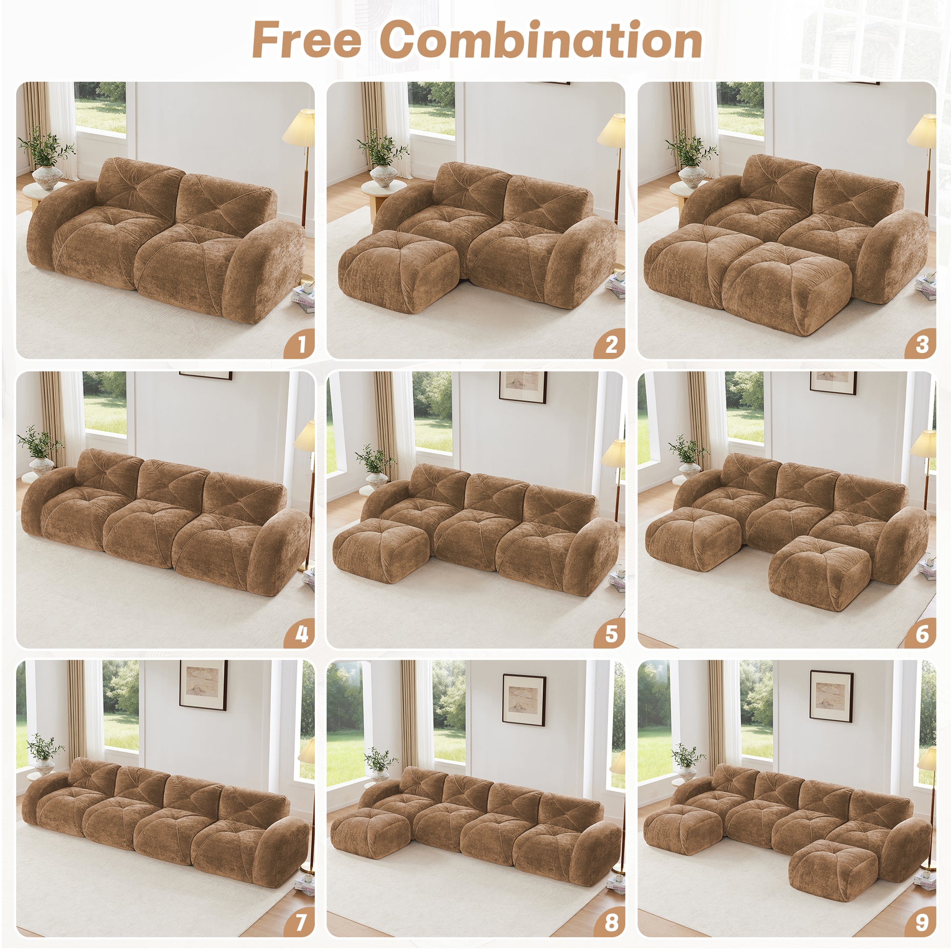 L-Shaped Boneless Sofa,Soft Velvet Fabric,Tufted Design,32D High Density Sponge,No Assembly Required,Ergonomic Design Bottom, Anti-Slip Design,Movable Ottoman for Bedrooms,Camel image 8