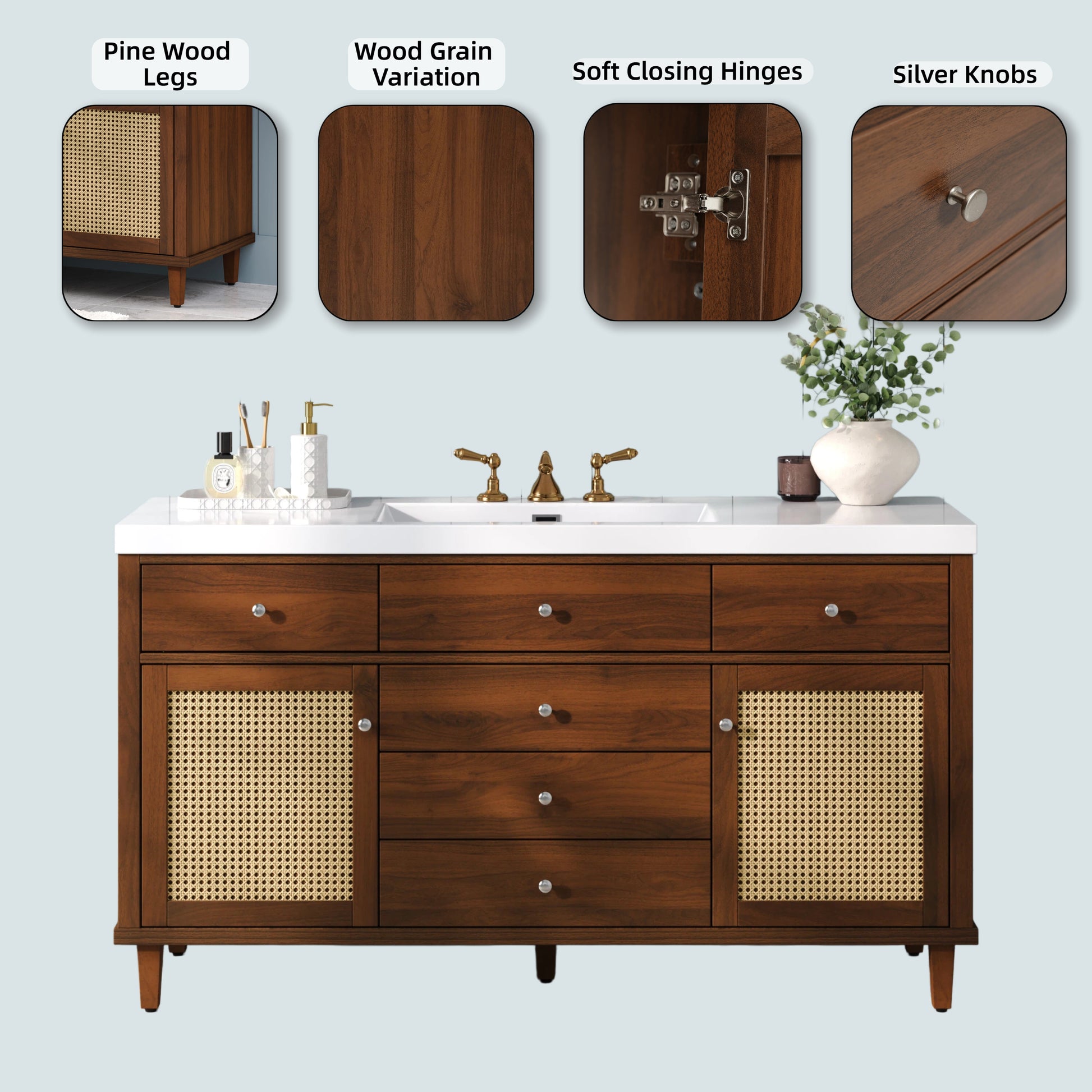 60" Bathroom Vanity with SMC Sink, Modern Large Storage Bathroom Storage Cabinet with Soft Close Drawers and Rattan Doors, Silver Metal Knobs and 5 Pine Legs, Brown image 7