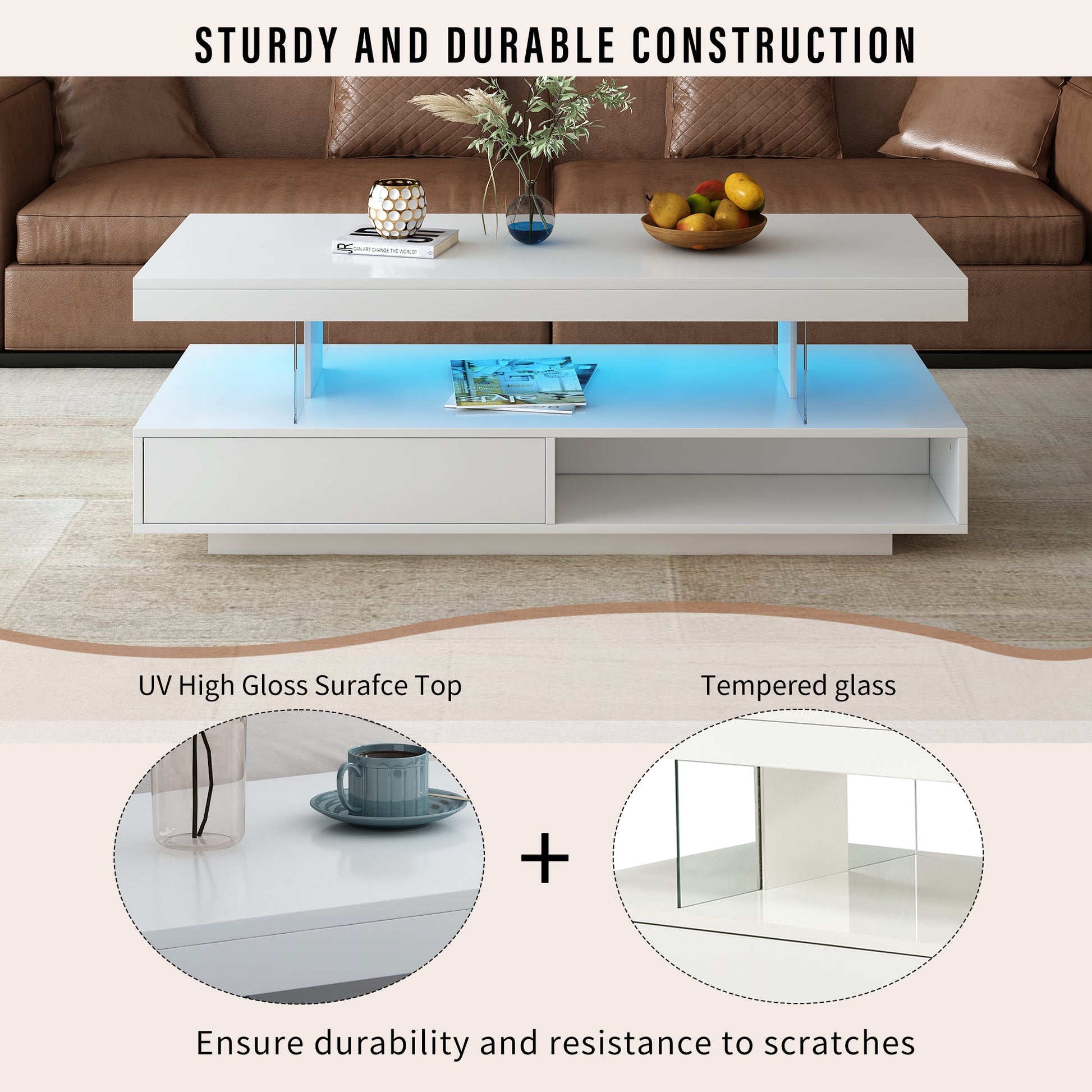 VIBE HAUS LED Coffee Table with Storage, Modern Center Table with 2 Drawers and Display Shelves, Accent Furniture with LED Lights for Living Room,White image 7