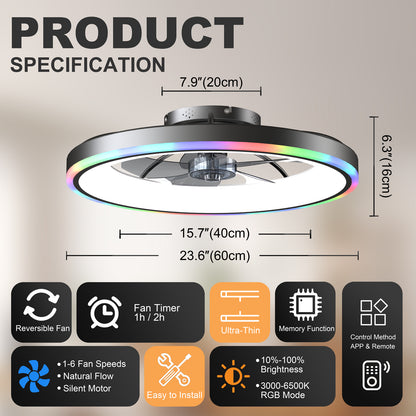 23.6" Modern RGB Ceiling Fan with Lights, Flush Mount Low Profile Fan with Remote & APP, 6-Speed Reversible Silent DC Motor, Dimmable 3000-6500K LED for Bedroom, Black image 8