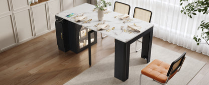 TREXM Extendable Dining Table with 3 Removable Middle Leaves, Mobile Rolling Island Table with Power Outlet, Saving-space Cabinet with Storage for Dining Room and Living Room (BLACK AND MARBLE WHITE) image 6