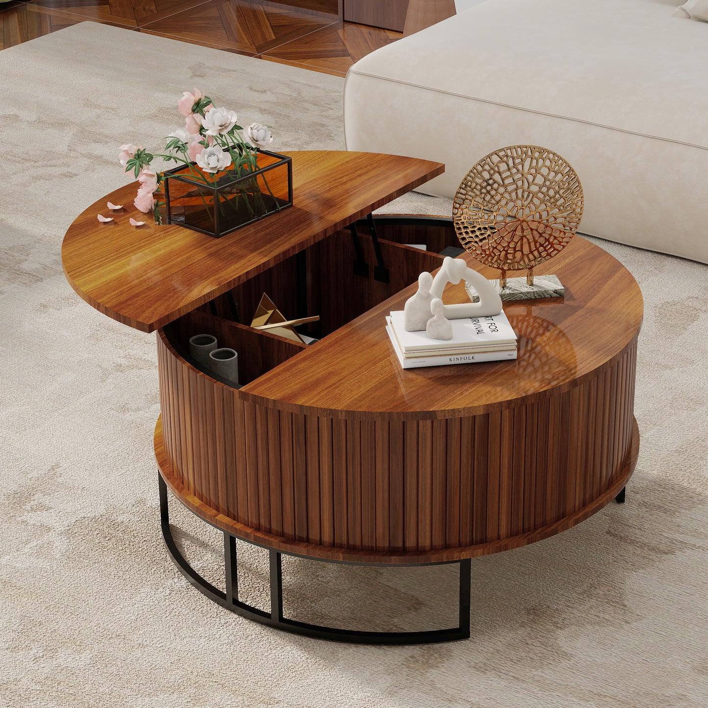 31.5" Round Coffee Table with Storage,Fluted Lift Top Center Table, Midcentury Modern Flip-top Curved Table for Living Room,Walnut image 5