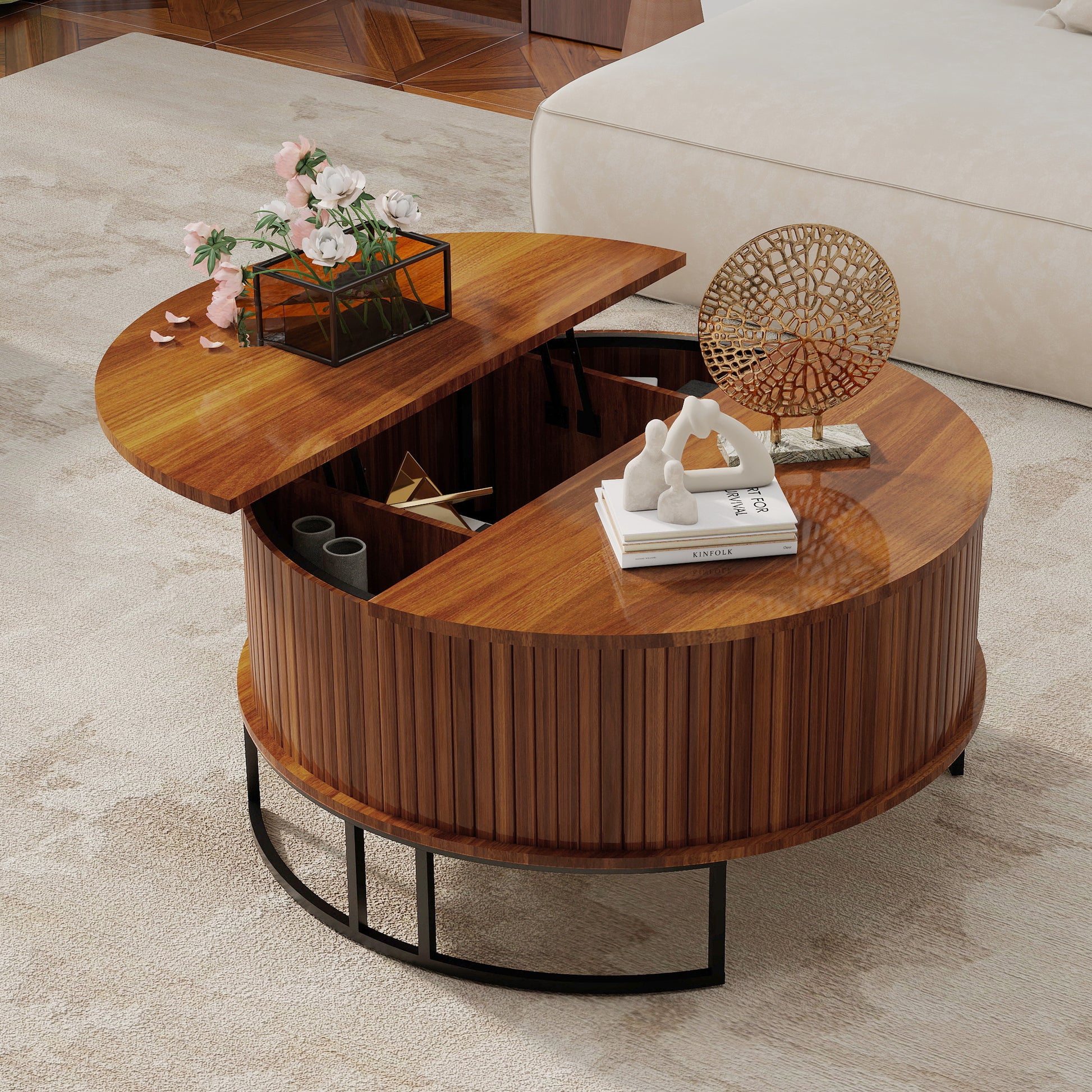31.5" Round Coffee Table with Storage,Fluted Lift Top Center Table, Midcentury Modern Flip-top Curved Table for Living Room,Walnut image 5