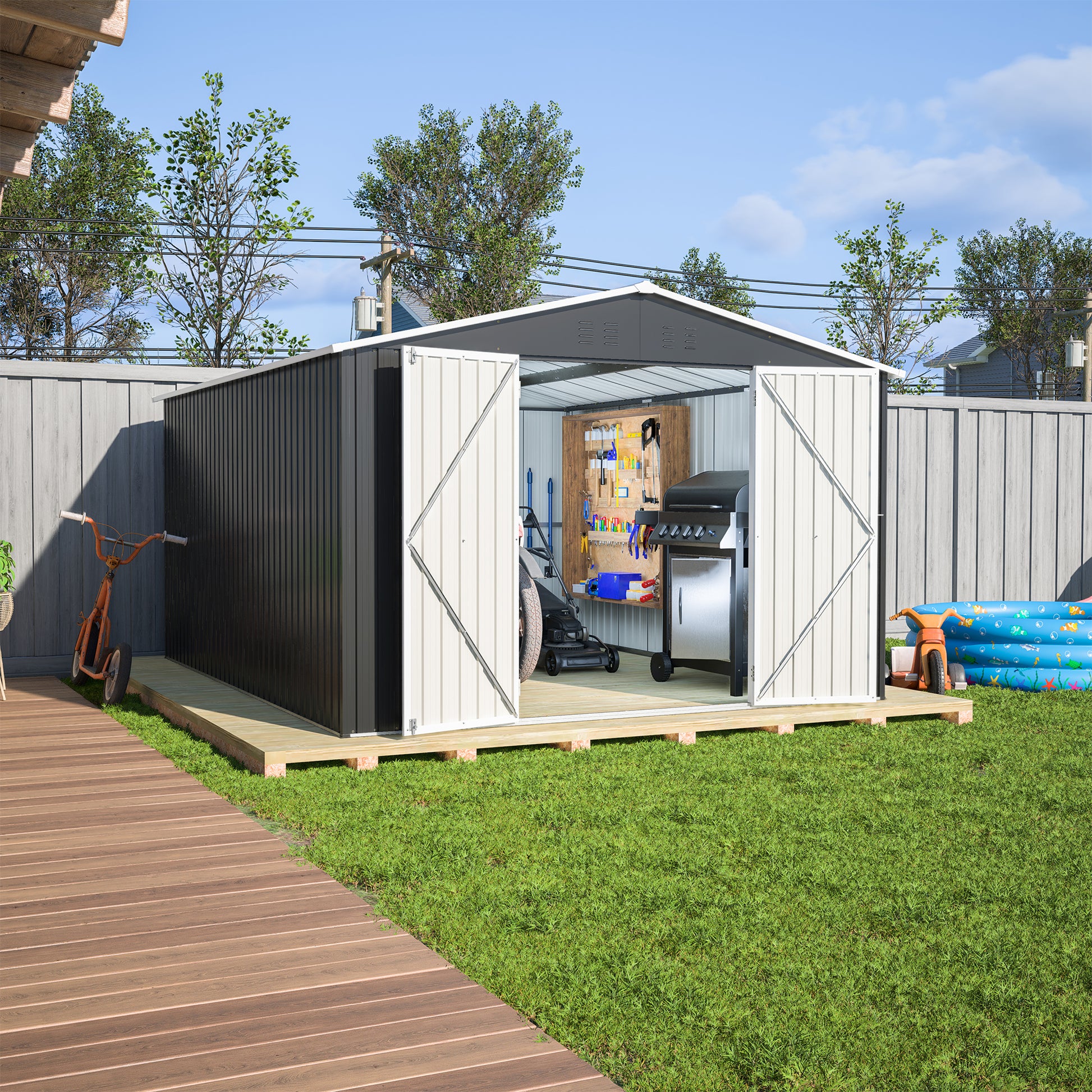 Outdoor Storage Shed 10x12 FT, Utility Metal Tool Storage with Lockable Doors and Updated Frame Structure, Large Metal Garden Shed for Backyard, Patio Lawn, Black image 8