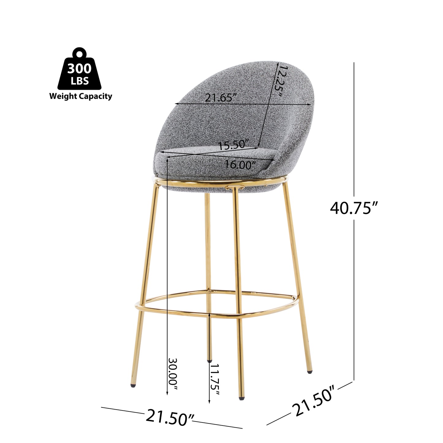 Celano Indoor Metal Upholstered Barstool, Gold-Plated Frame and Mixed Gray Upholstery, Set of 2 image 11