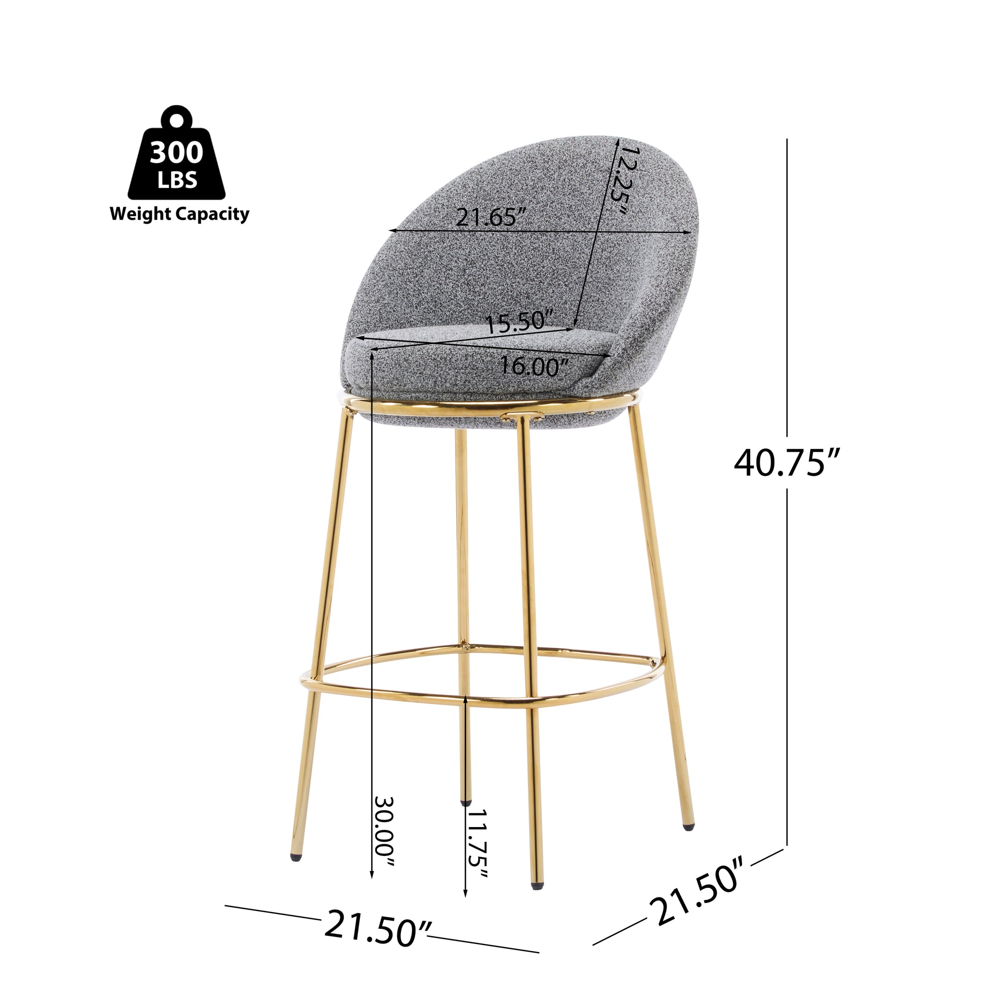 Celano Indoor Metal Upholstered Barstool, Gold-Plated Frame and Mixed Gray Upholstery, Set of 2 image 11