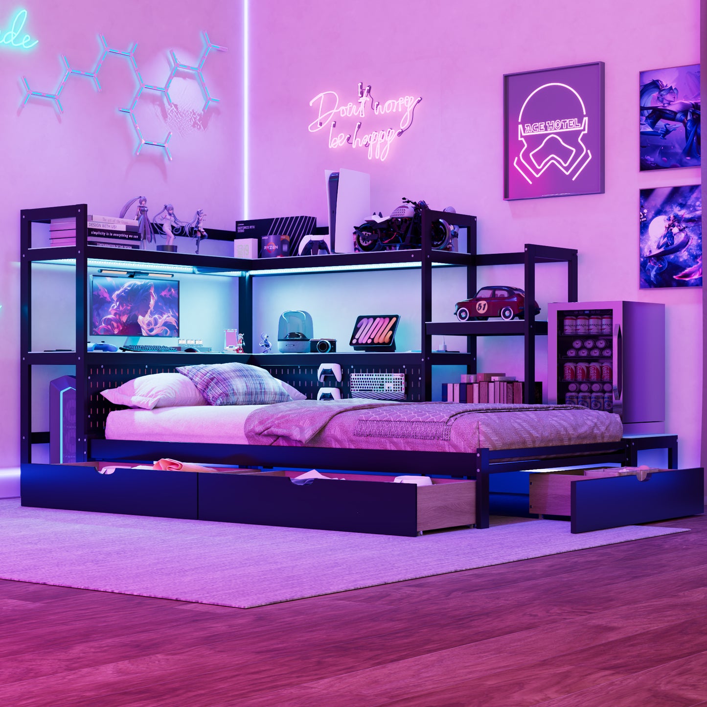 Twin Size Gaming Daybed with Integrated Desk and LED Light, Modern Wooden Bed Frame with 3 Storage Drawers and Built-in Charging Station, Multi-Functional Headboard Bookcase, Black+Blue image 9