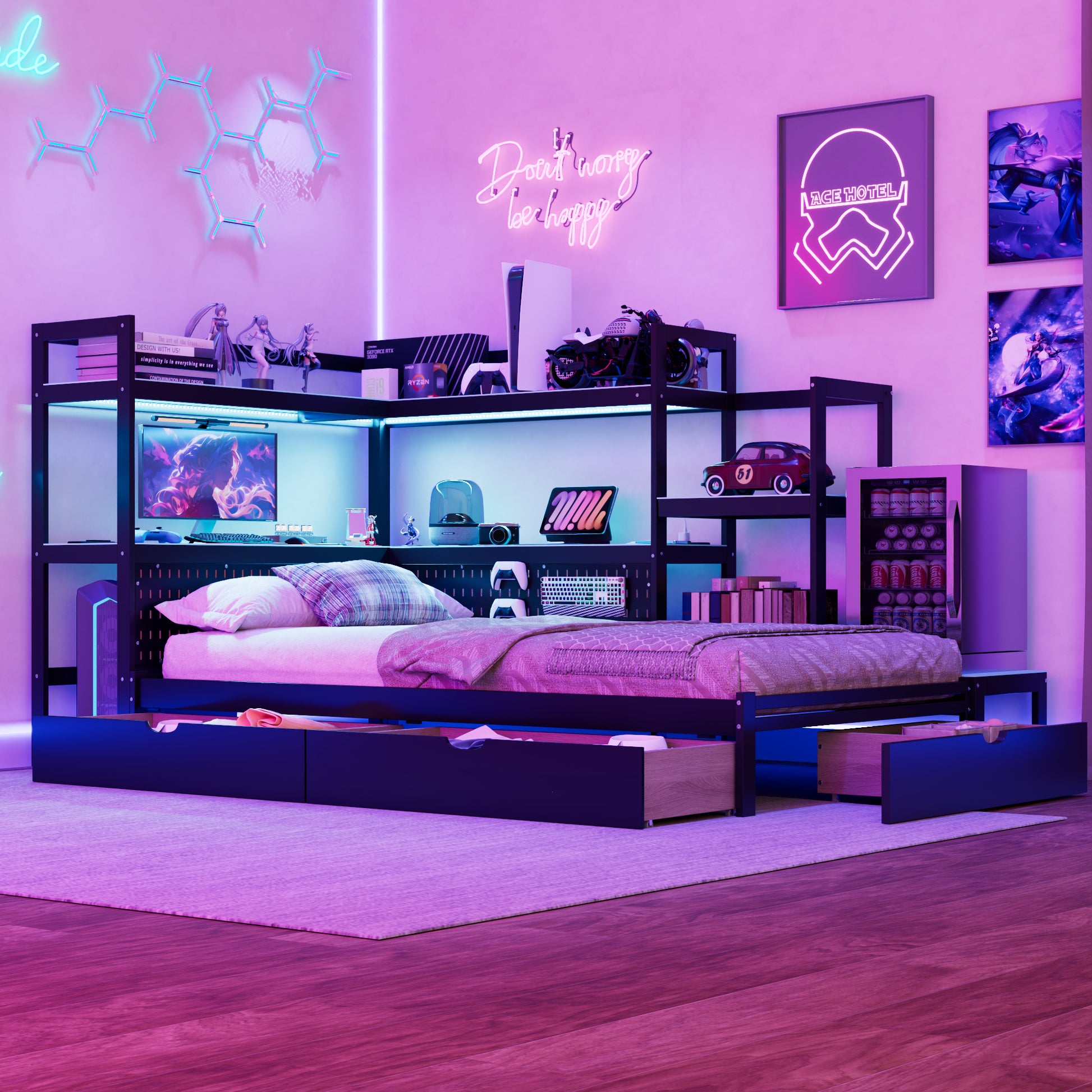 Twin Size Gaming Daybed with Integrated Desk and LED Light, Modern Wooden Bed Frame with 3 Storage Drawers and Built-in Charging Station, Multi-Functional Headboard Bookcase, Black+Blue image 9