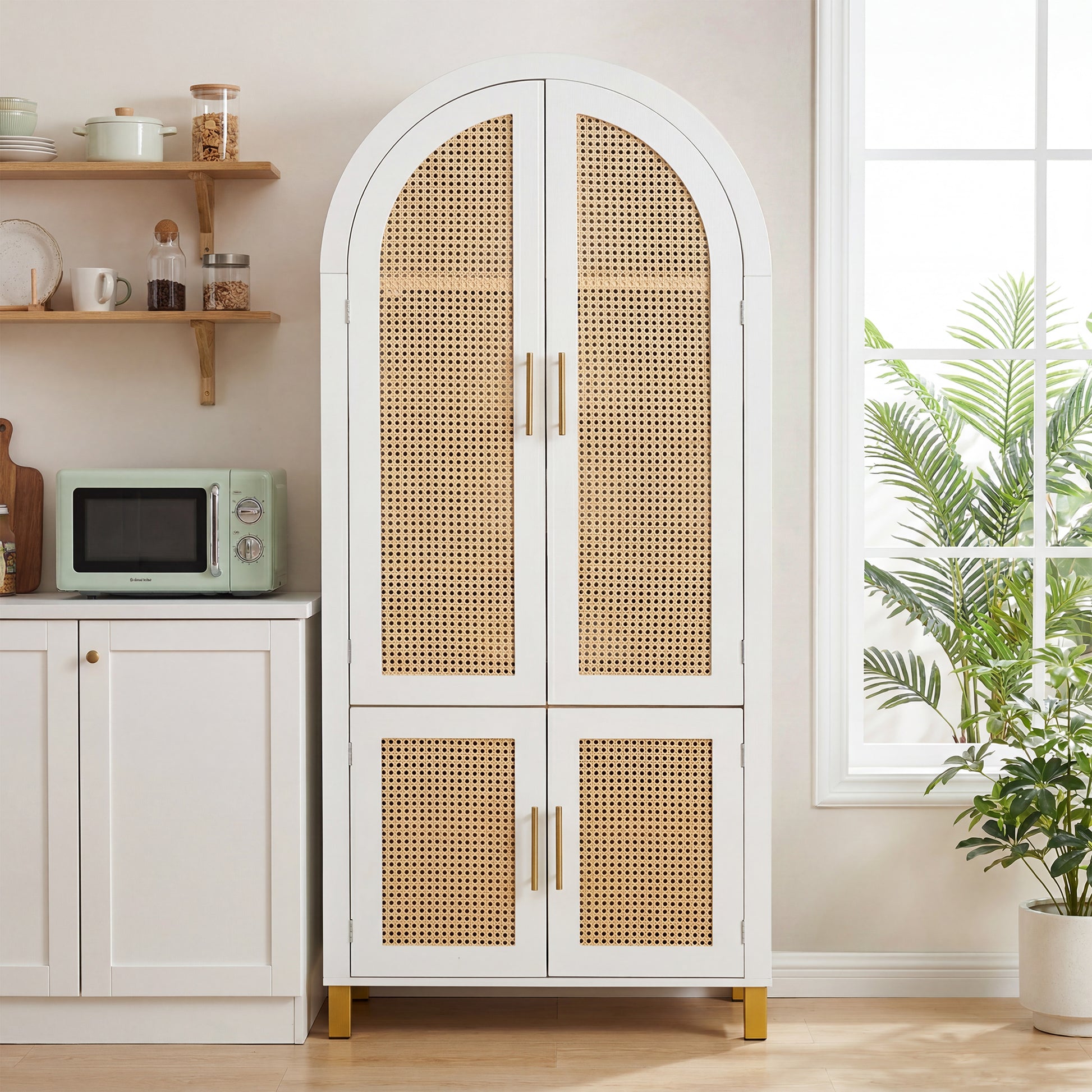 71" Tall Arched Cabinet with Rattan Doors & Adjustable Shelves,4 Doors Modern Farmhouse Storage Cabinet with Built-in Racks for Kitchen, Dining Room, Study, White image 1