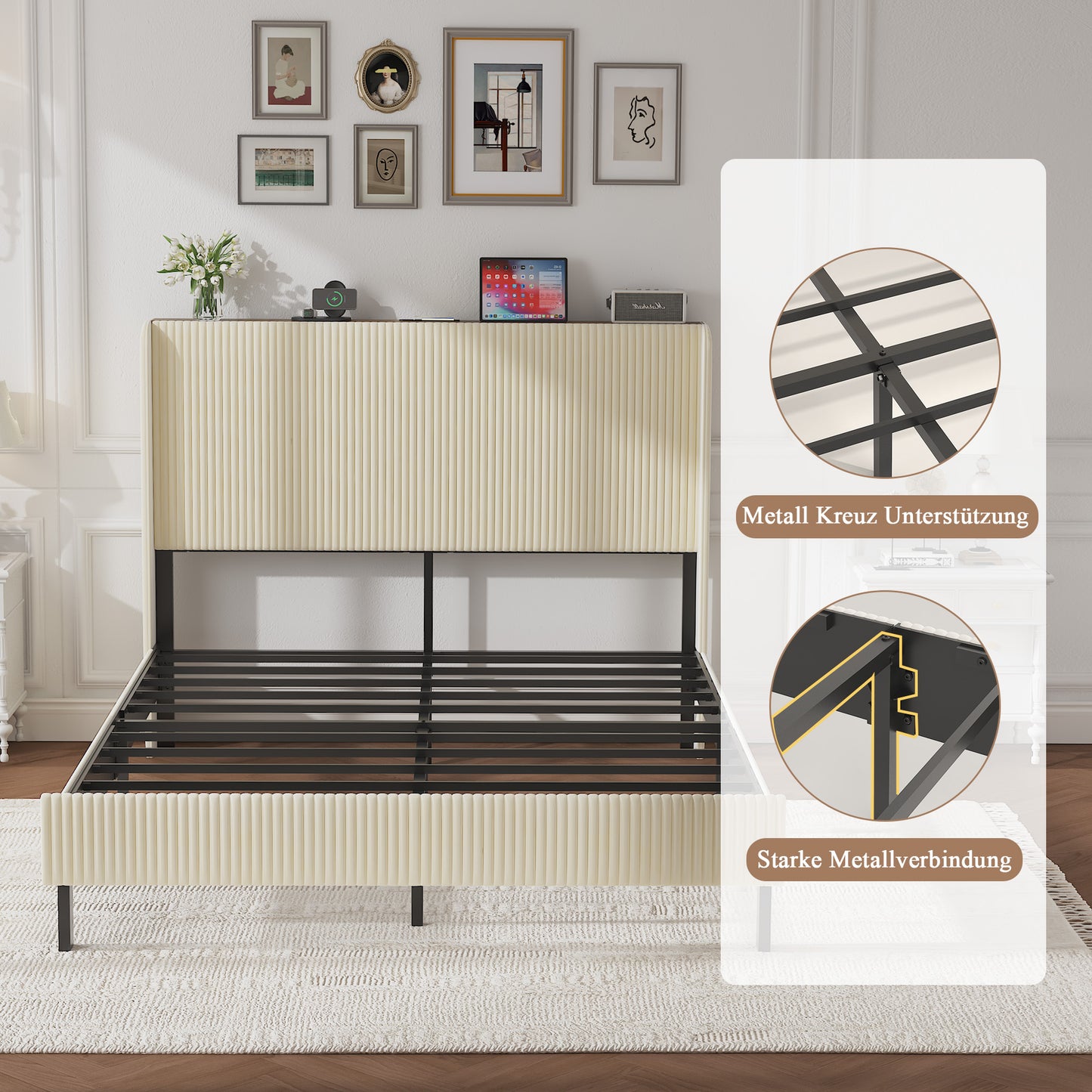 Queen Size Platform Bed, Metal Bed Frame with Charging Station, No Box Spring Needed, (Beige), Noise Free,Easy Assemble. image 10