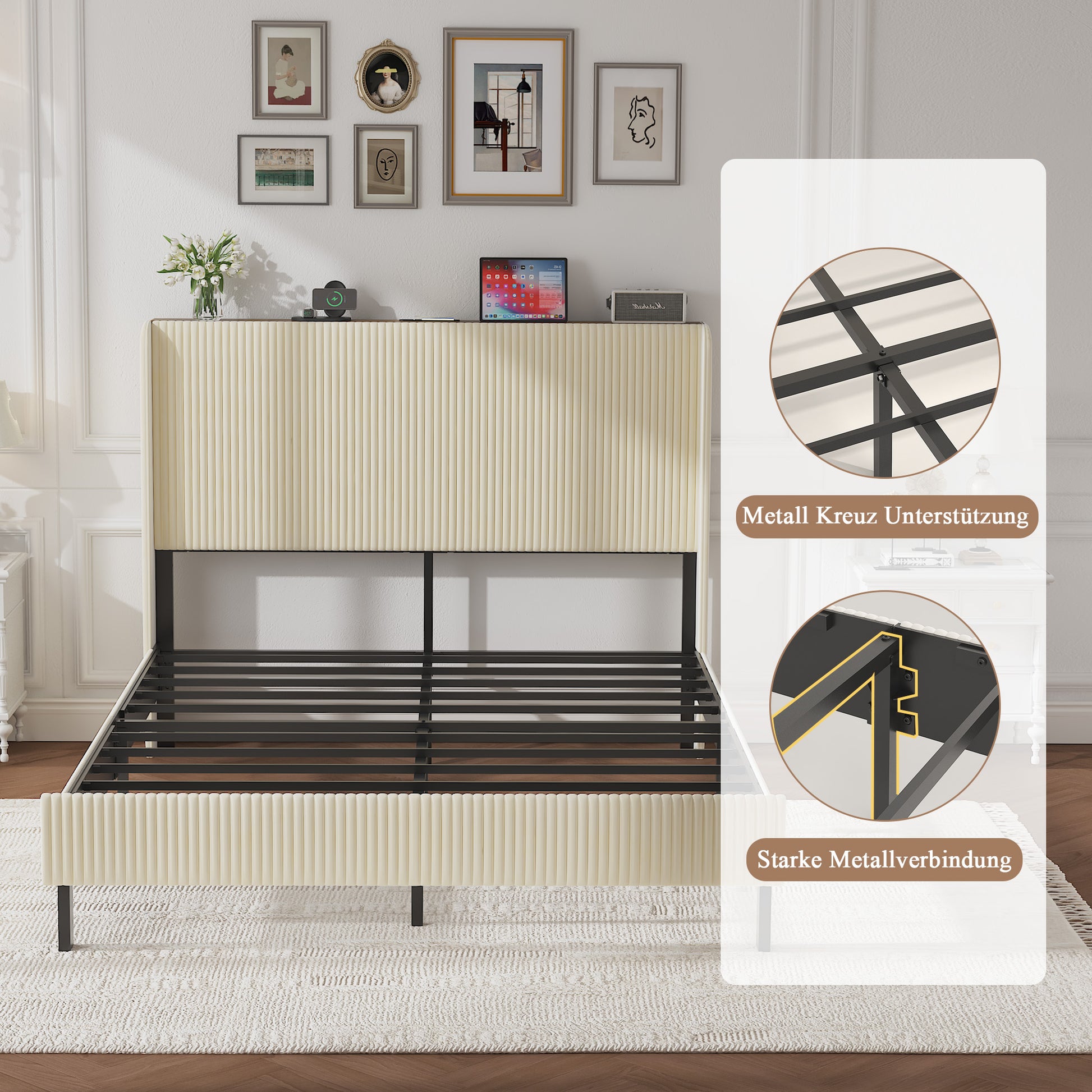 Queen Size Platform Bed, Metal Bed Frame with Charging Station, No Box Spring Needed, (Beige), Noise Free,Easy Assemble. image 10