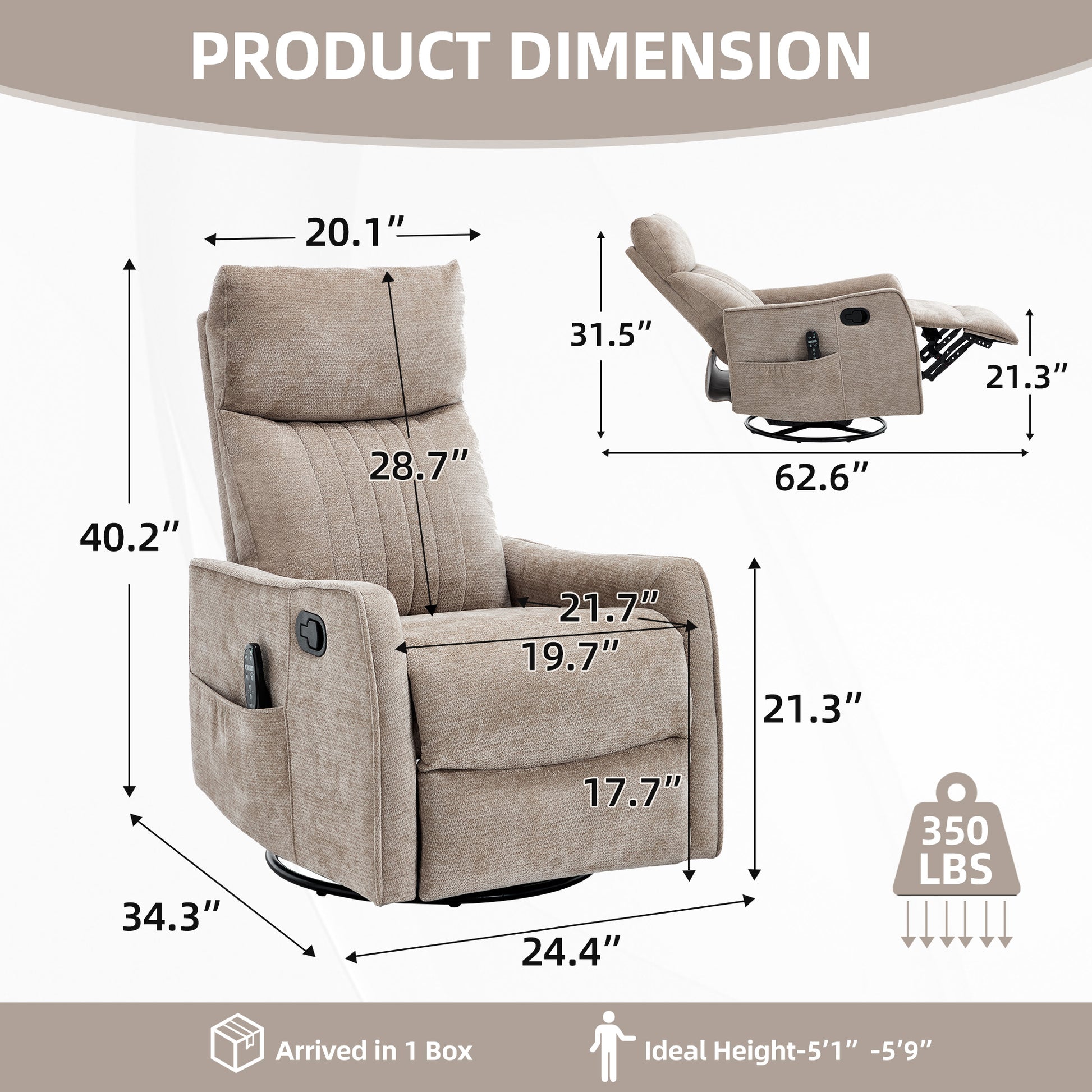 Khaki Heat Massage Manual Recliner Chair with Rocker and Swivel in Fabric for Living Room image 2