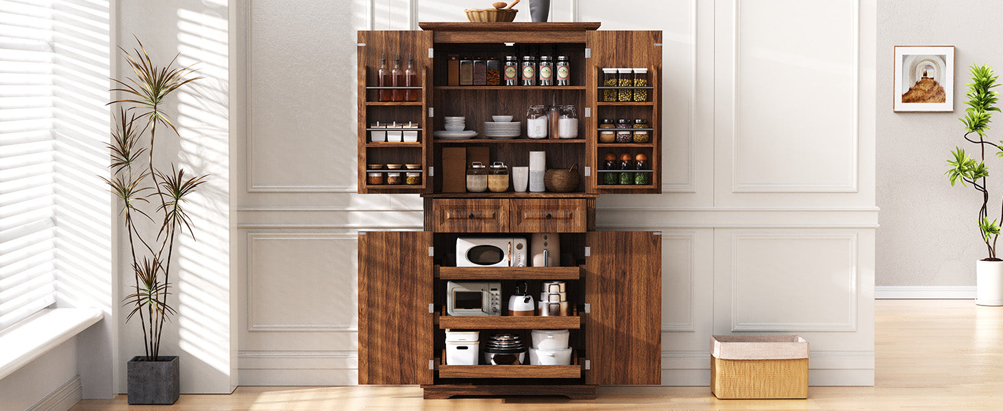 K&K 71" Tall Kitchen Pantry Cabinet with 3 Pull Out Cabinet Organizers, Farmhouse Embossed Texture Storage Cabinet with 6 Door Shelves, 2 Drawers, Freestanding Cupboard for Kitchen, Dining Room Brown image 11