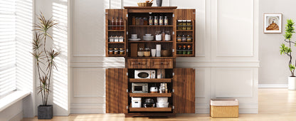 K&K 71" Tall Kitchen Pantry Cabinet with 3 Pull Out Cabinet Organizers, Farmhouse Embossed Texture Storage Cabinet with 6 Door Shelves, 2 Drawers, Freestanding Cupboard for Kitchen, Dining Room Brown image 11