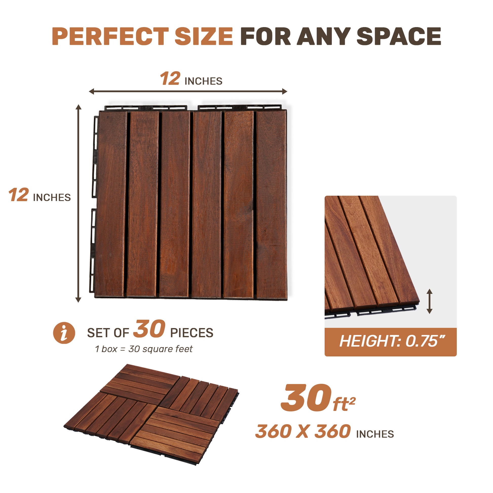 30 PCS Interlocking Deck Tiles Striped Pattern, 12" x 12" Square Acacia Hardwood Outdoor Flooring for Patio, Bancony, Pool Side,.. image 2