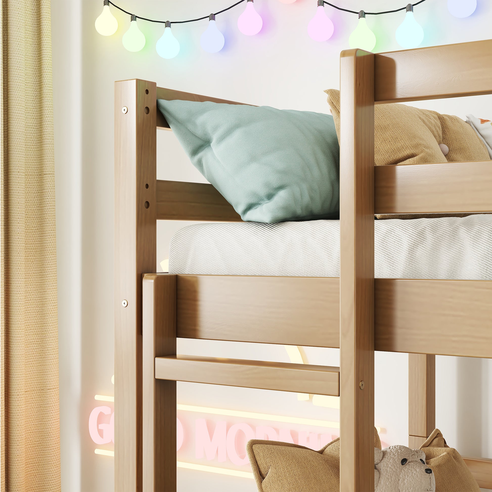 Triple Rubber Wood Bunk Bed with Two Built-in Ladders, Guardrails, Twin over Twin over Twin, Detachable Triple Twin Bunk Bed,Natural image 11