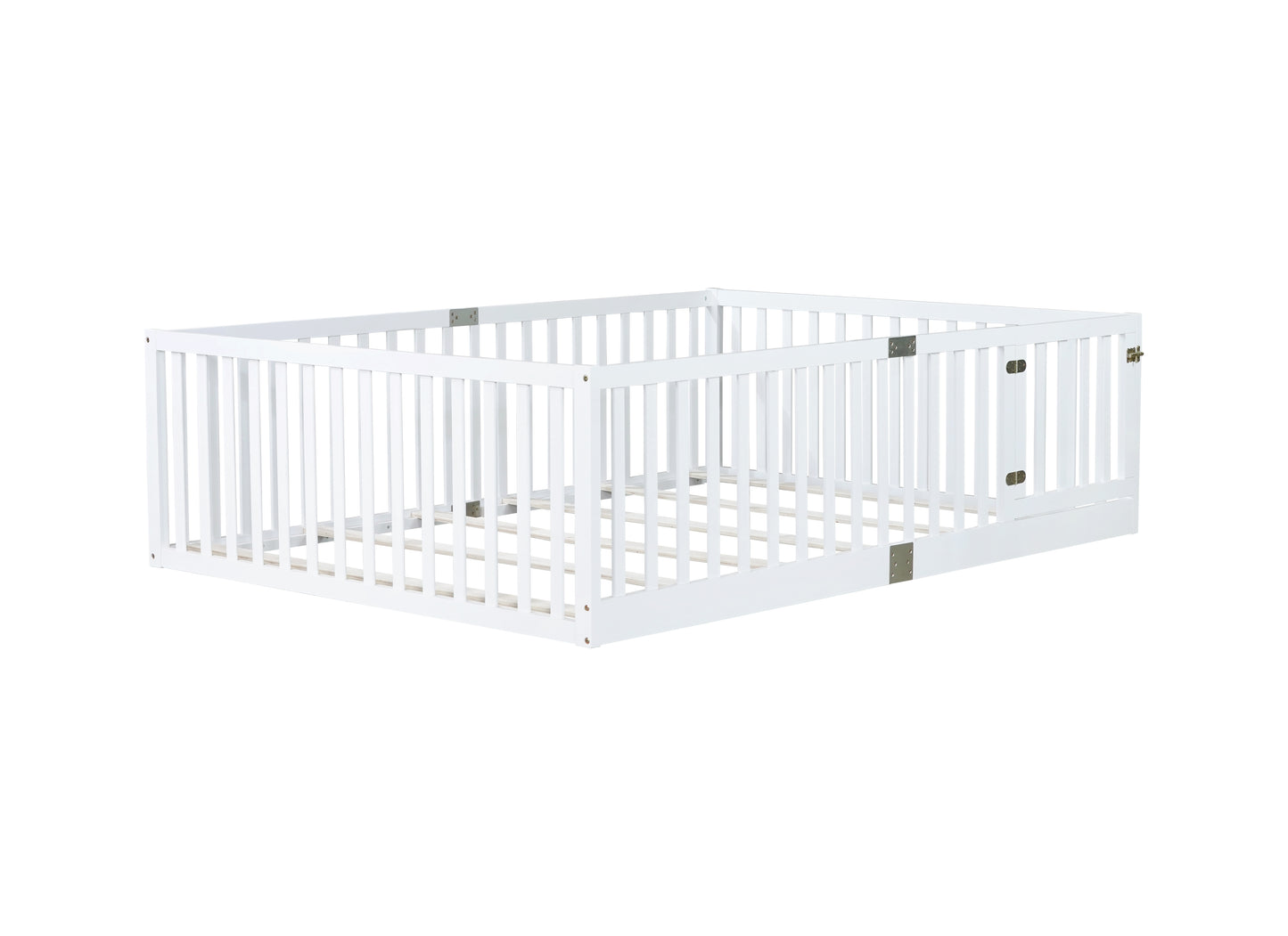 Full Size Floor Bed with High Fence Railings, with Door,6 Slats Included, Rubber Wood Floor Bed with Safety Guardrails,White image 11