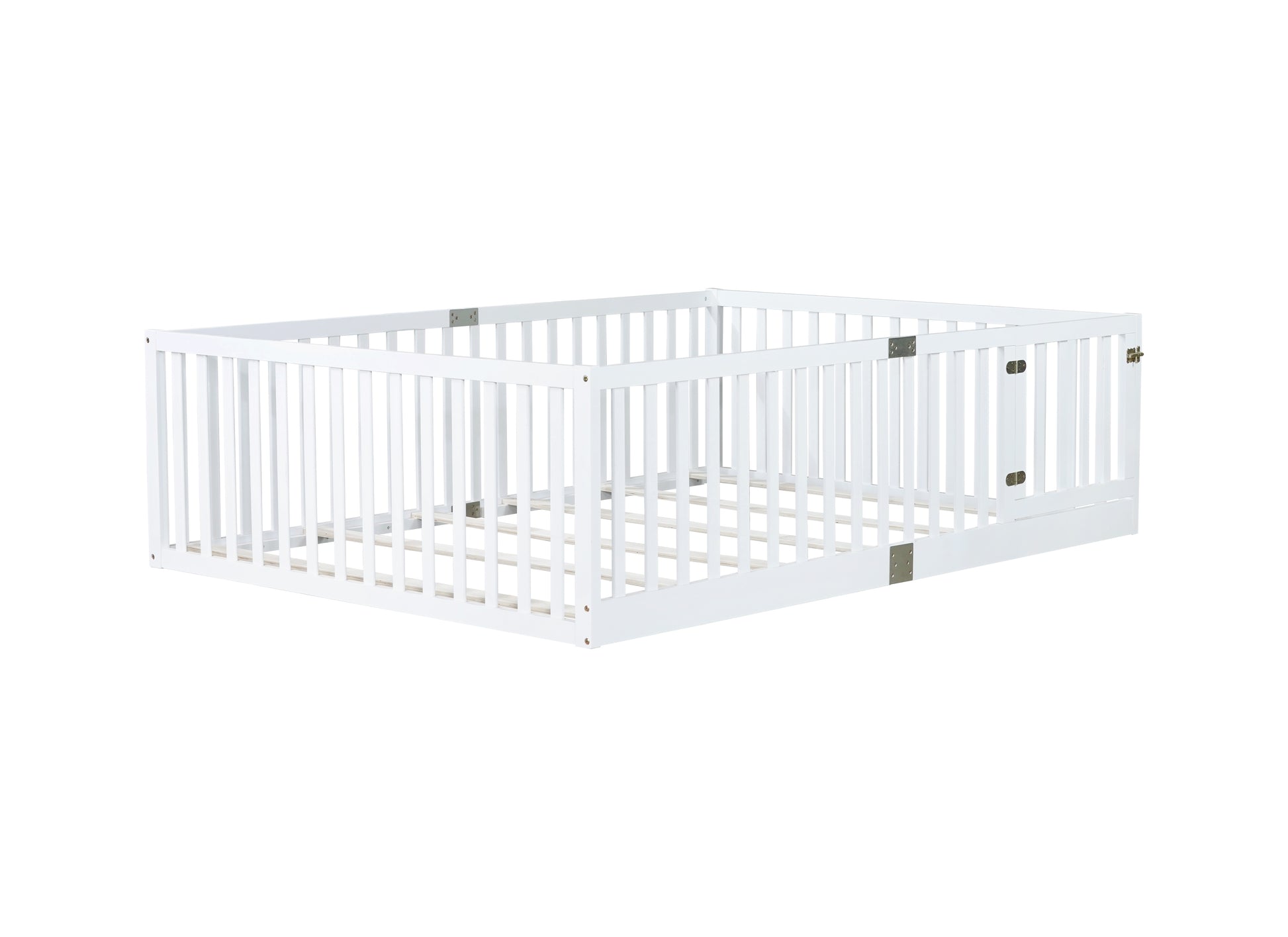 Full Size Floor Bed with High Fence Railings, with Door,6 Slats Included, Rubber Wood Floor Bed with Safety Guardrails,White image 11