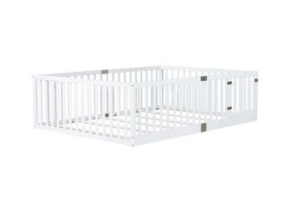 Full Size Floor Bed with High Fence Railings, with Door,6 Slats Included, Rubber Wood Floor Bed with Safety Guardrails,White image 11