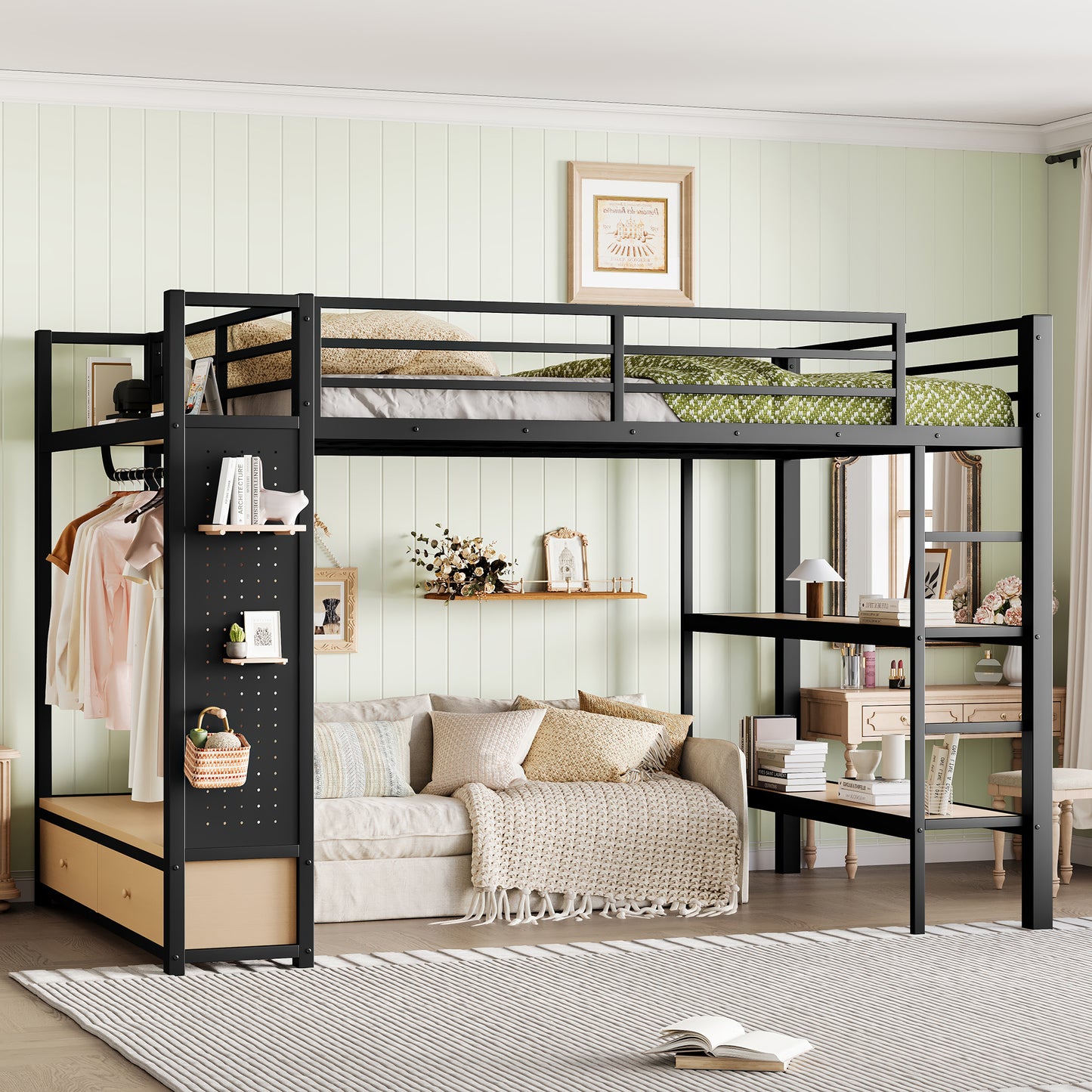Queen size Loft Bed Frame with Wardrobe,Metal Loft Bed with Storage Shelves and Pegboard,Black image 1