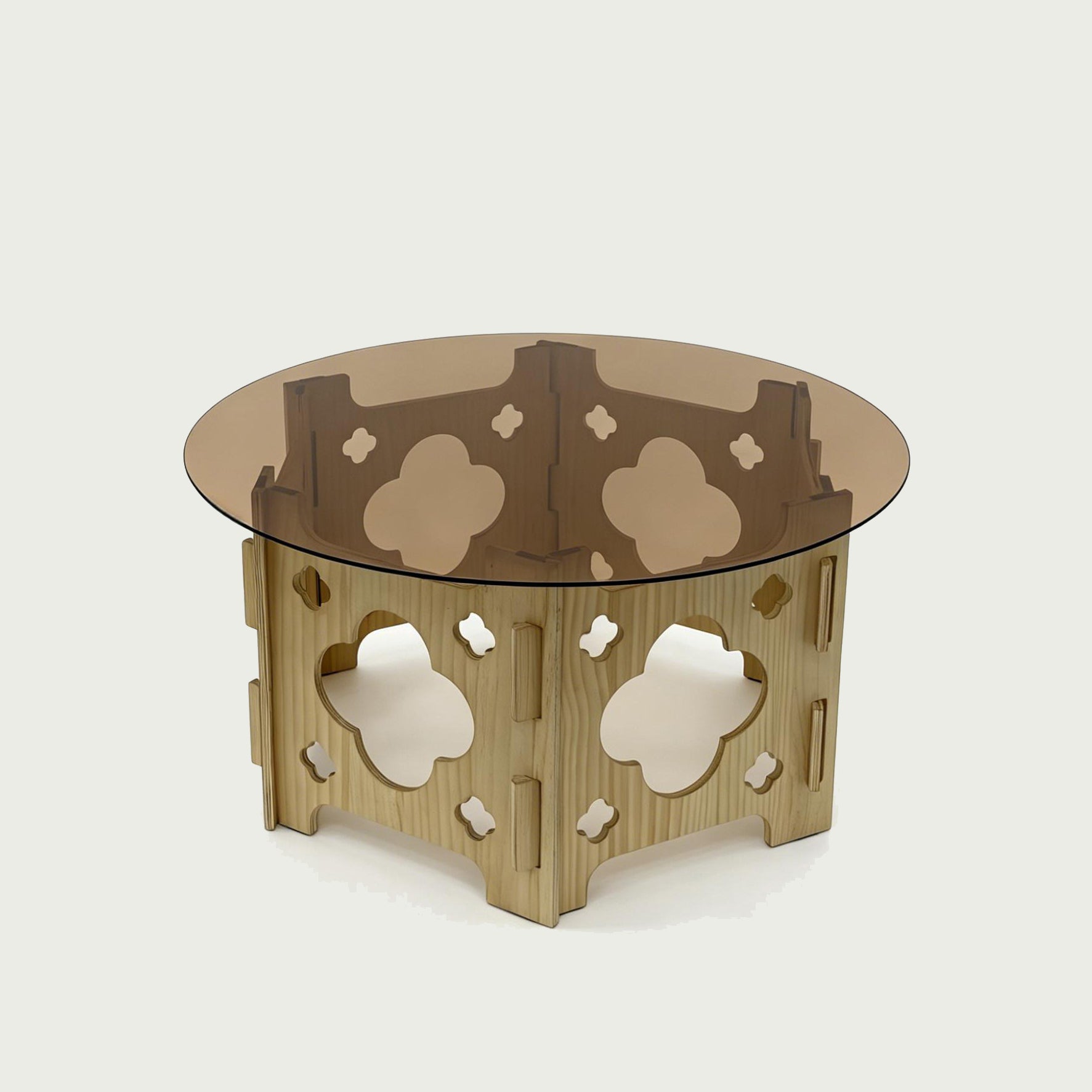 31.1'' Round Tempered Glass Coffee Table, Caramel Tabletop with Floral Hollow Wood Base, Farmhouse Center Tea Table for for Living Room, Small Spaces, Office, Easy Assembly. Natural+Caramel. image 7