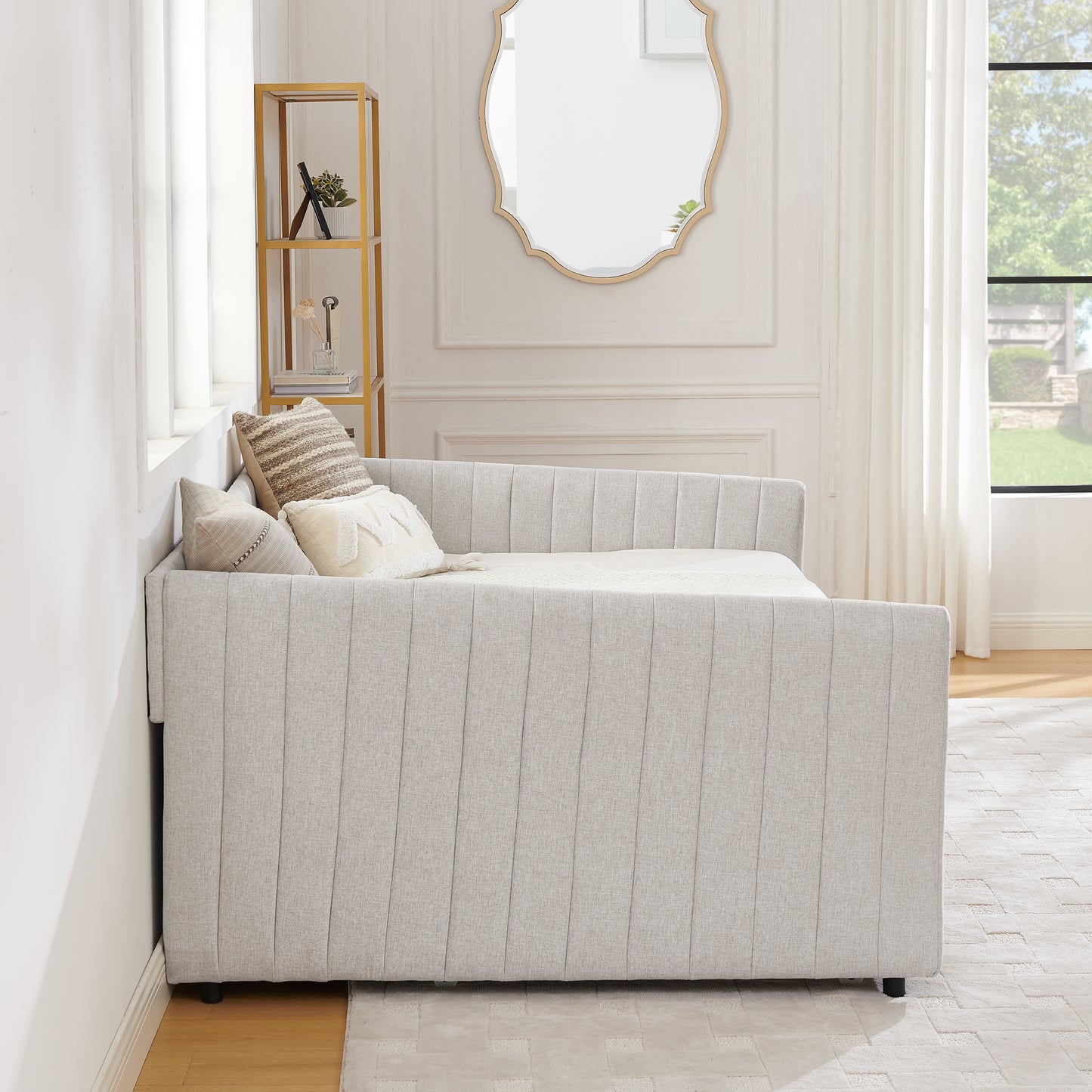 Full Size Daybed with Trundle Upholstered Sofa Bed, with Vertical Stripes, Linen Fabric, Beige (82.5"x58"x30") image 9