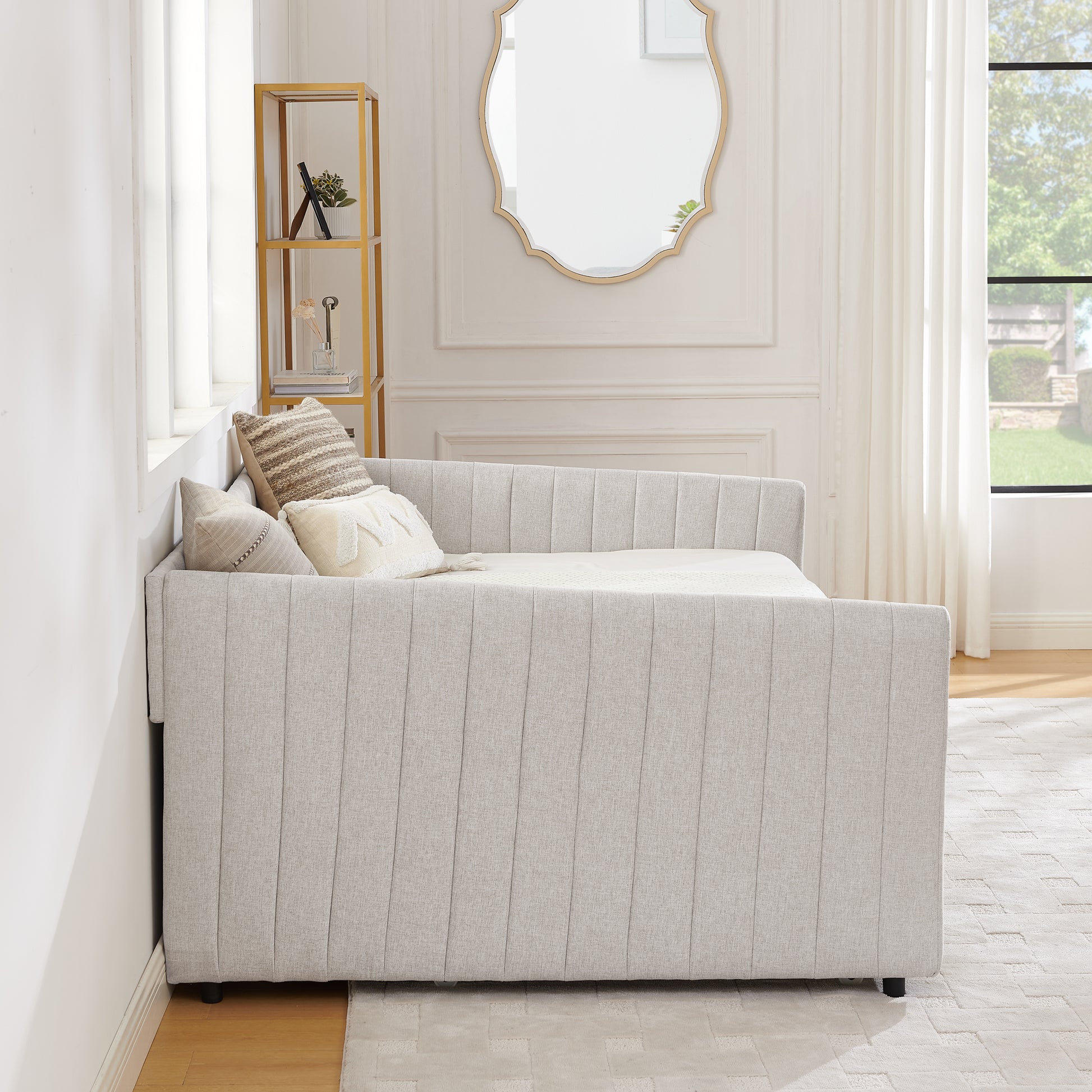 Full Size Daybed with Trundle Upholstered Sofa Bed, with Vertical Stripes, Linen Fabric, Beige (82.5"x58"x30") image 9