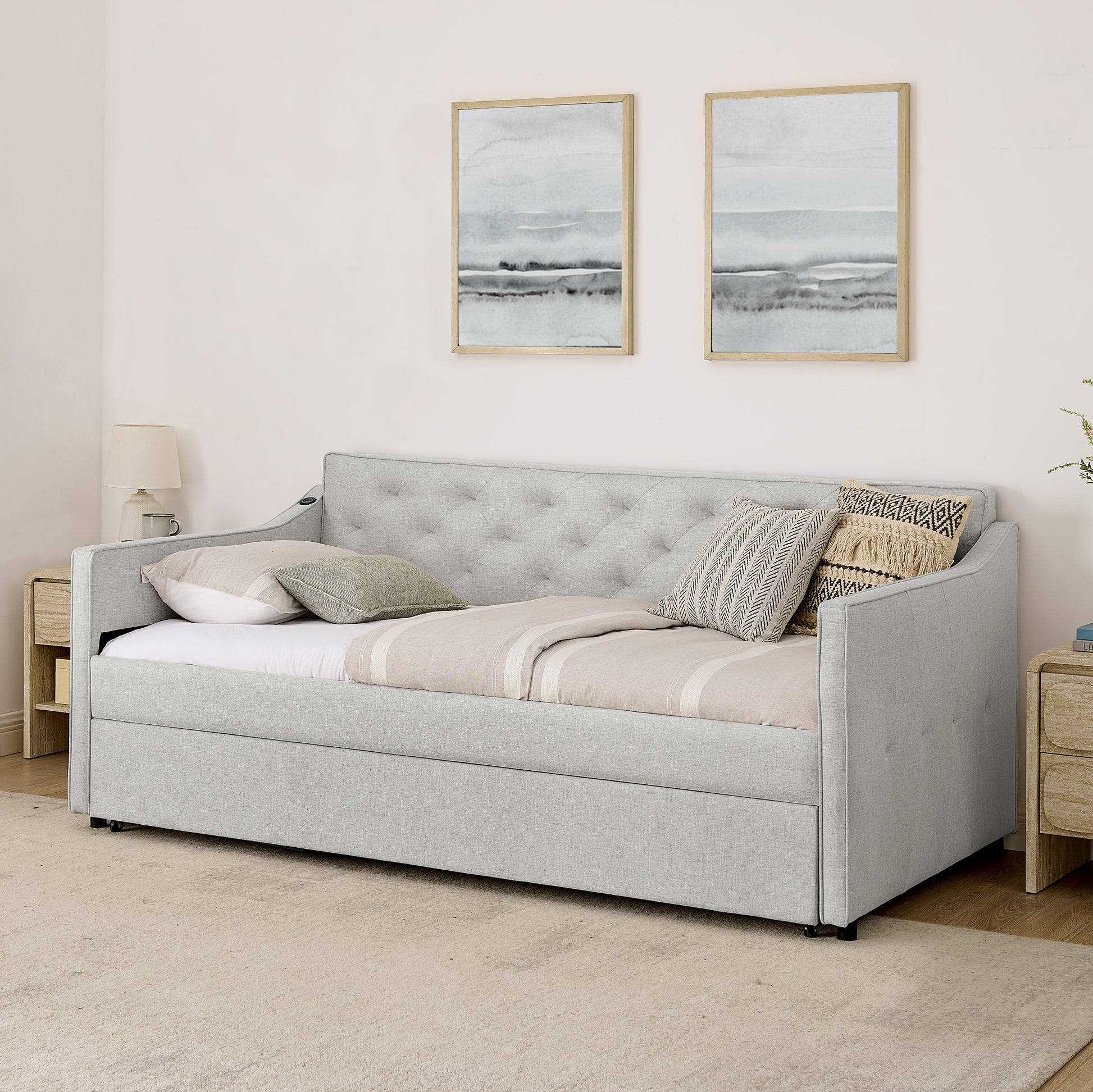 Twin Size Upholstery DayBed with Twin Size Pop-up Trundle and USB Charging Design image 4