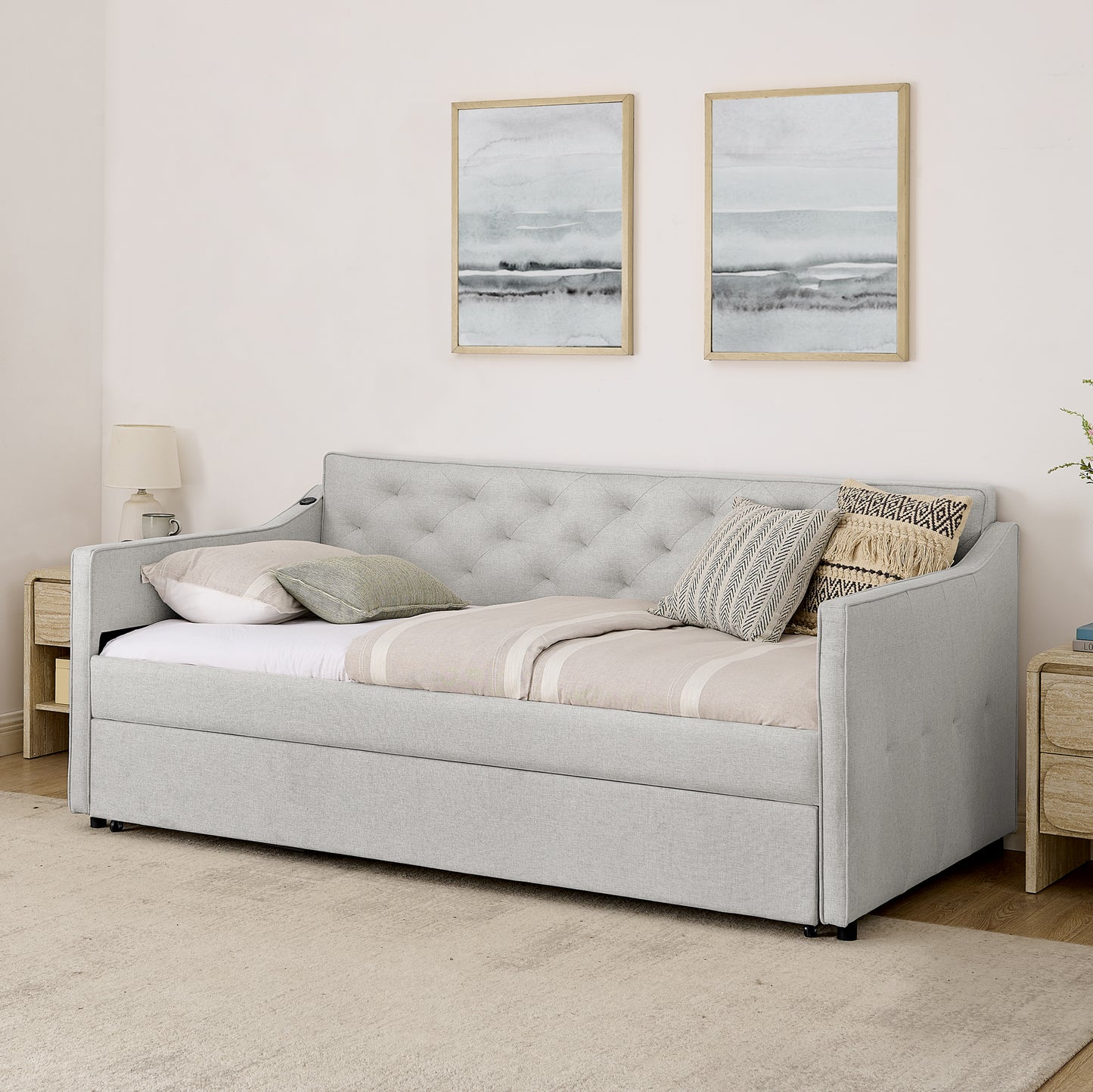 Twin Size Upholstery DayBed with Twin Size Pop-up Trundle and USB Charging Design image 4