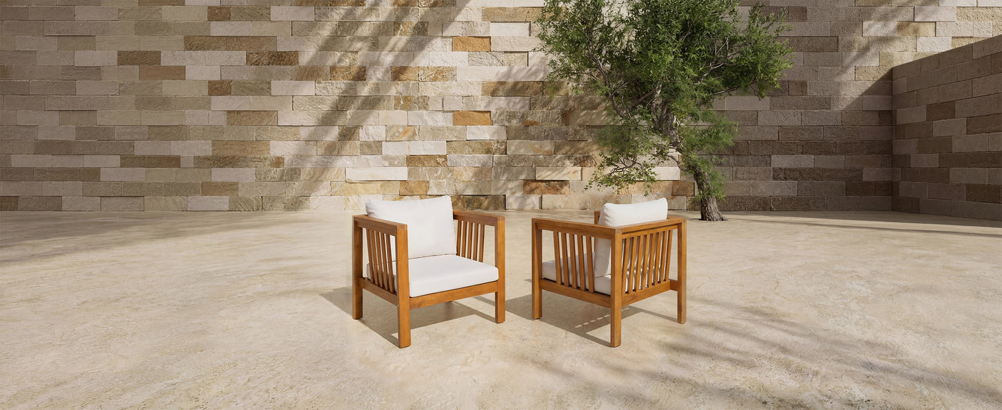 Set of 2 Outdoor Acacia Wood Club Chairs with Modern Square Arms, 2-Piece Patio Conversation Set with Thick Cushions, Adjustable Leveling Feet for Poolside, Backyard & Deck, Beige Cushions image 11