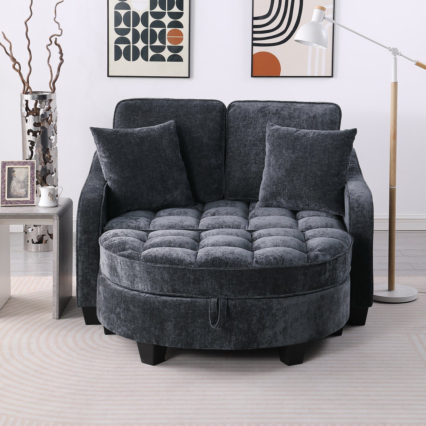 Two-seater sofa, double sofa chaise longue, with irregular armrests and backrests, footrest with storage space, comes with two small throw pillows, suitable for living room and bedroom - Black image 4