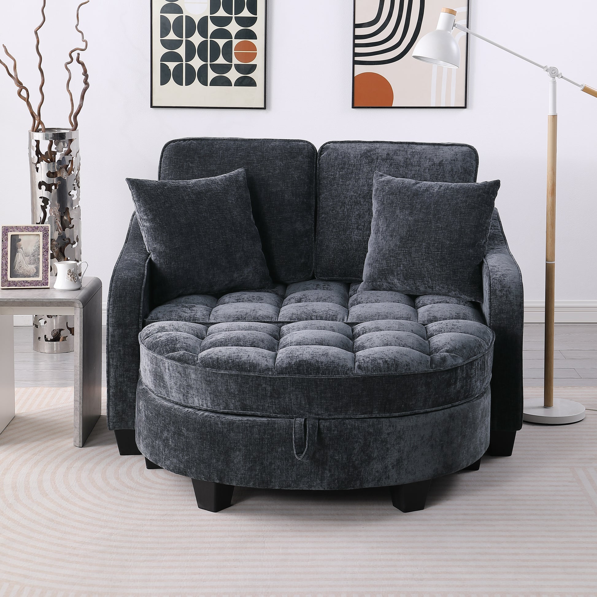 Two-seater sofa, double sofa chaise longue, with irregular armrests and backrests, footrest with storage space, comes with two small throw pillows, suitable for living room and bedroom - Black image 4