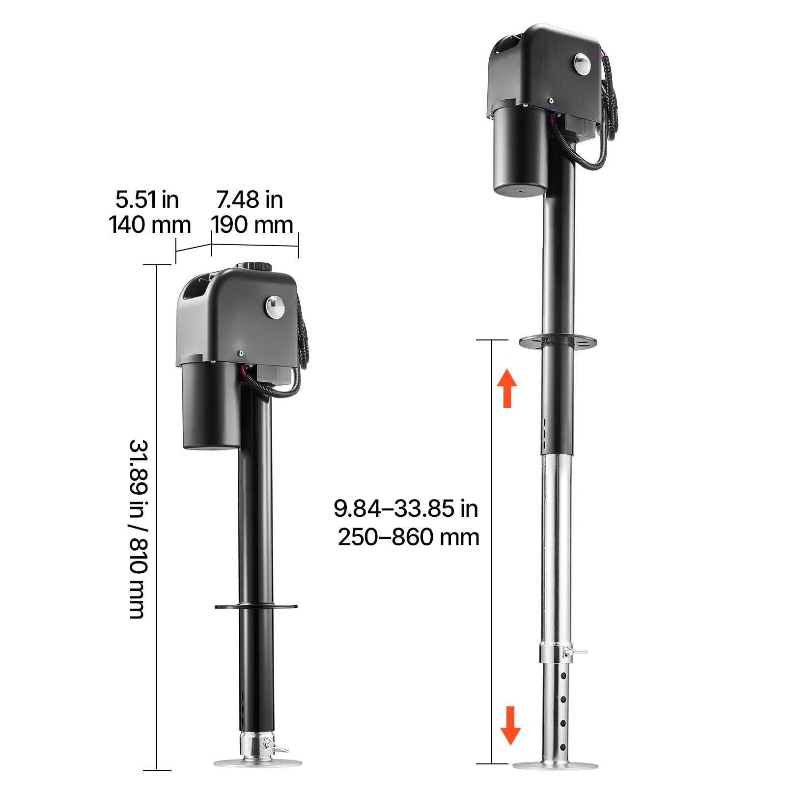 Electric Trailer Jack, 7500 lbs Capacity, Electric Power Tongue Jack with Waterproof Protective Cover & LED Light for Travel Trailer, Camper, RV, 9.84-27.84 in Lift, 12V DC with Wiring, Black image 3