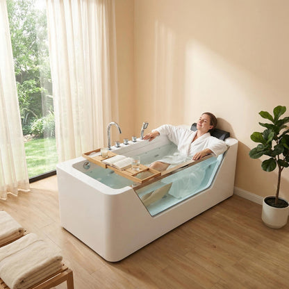 67" Whirlpool Bathtub,Hydrotherapy Jetted Bathtub with Glass Panel, 7 Jets,3-Side Apron,89 Gallons,White image 9