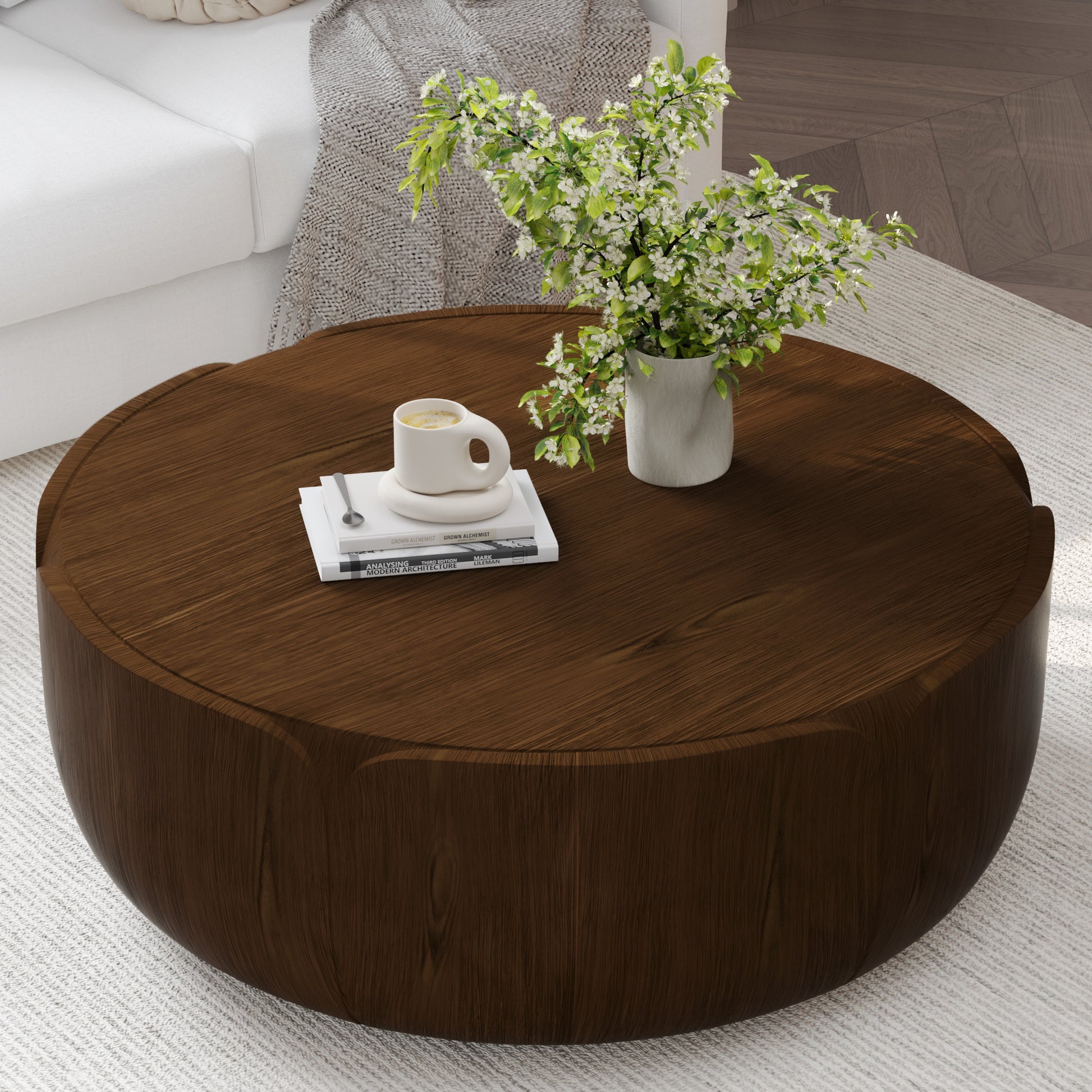 35.63" Round Outdoor Indoor Coffee Table, Modern Wood Grain Drum Center Table, Sturdy MGO (Magnesium Oxide) Waterproof, No-Assembly Table for Patio, Garden, Backyard, Living Room (Brown) image 3