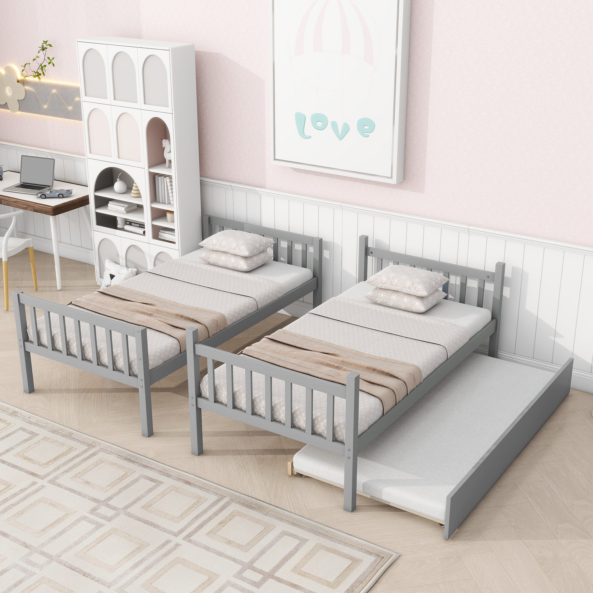 Twin Over Twin Rubber Wood Bunk Bed with Trundle, Convertible into Twin Size Beds, Twin Size Bunk Bed with Ladder and Safety Guardrails,Grey image 11