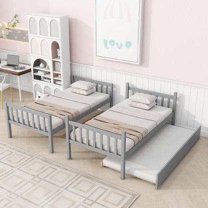 Twin Over Twin Rubber Wood Bunk Bed with Trundle, Convertible into Twin Size Beds, Twin Size Bunk Bed with Ladder and Safety Guardrails,Grey image 11