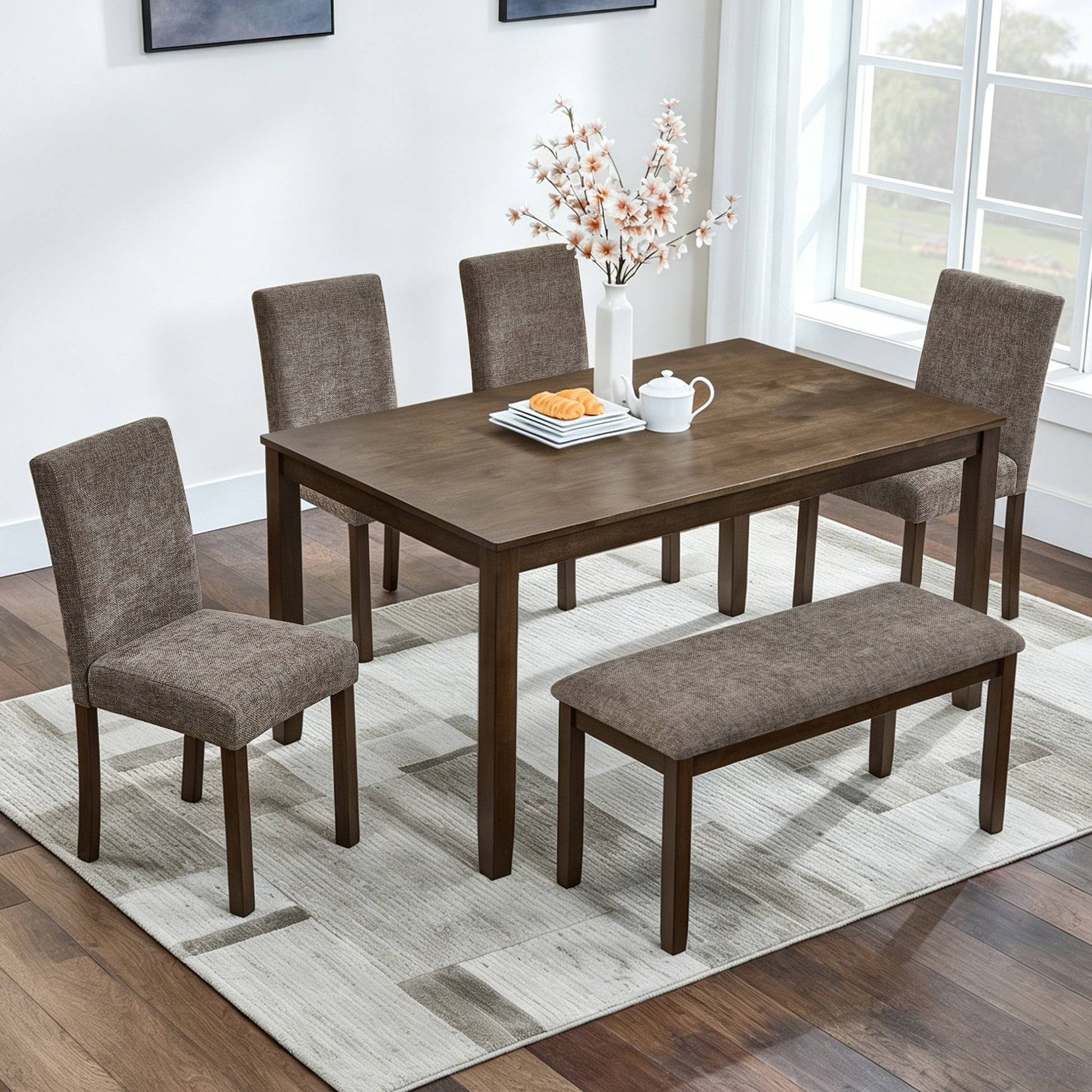 6-Piece Dining Table Set with Bench and Chairs, Wooden dining table set for 6 people, Farmhouse Rustic Style 6 Person Dining Table Set for Dining Room, Kitchen, Walnut image 2