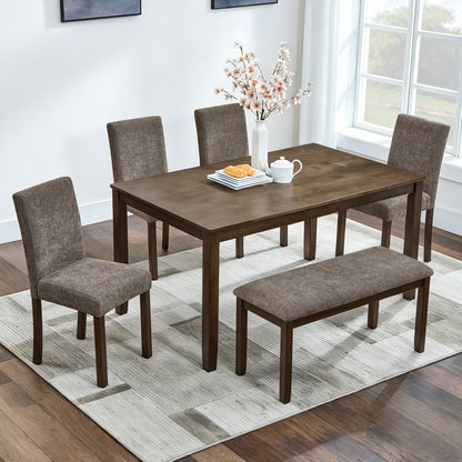 6-Piece Dining Table Set with Bench and Chairs, Wooden dining table set for 6 people, Farmhouse Rustic Style 6 Person Dining Table Set for Dining Room, Kitchen, Walnut image 2