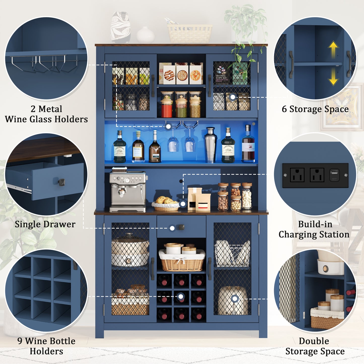 70.9" Kitchen Pantry Storage Cabinet Rustic Buffet Cabinet, Kitchen Hutch Cabinet with LED Outlets Food Pantry Cabinet with Doors and Shelves Wine Rack for Dining Room, Navy Blue image 7